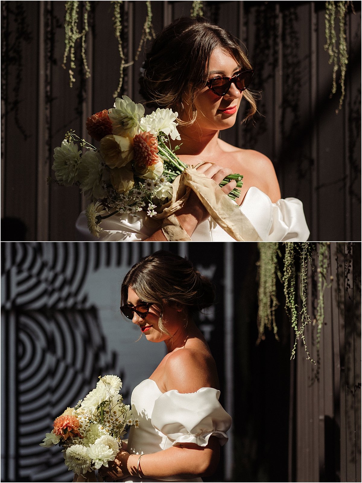 Bride standing in front of black wall wearing cat eye sunglasses and wearing white wedding gown with puff sleeves