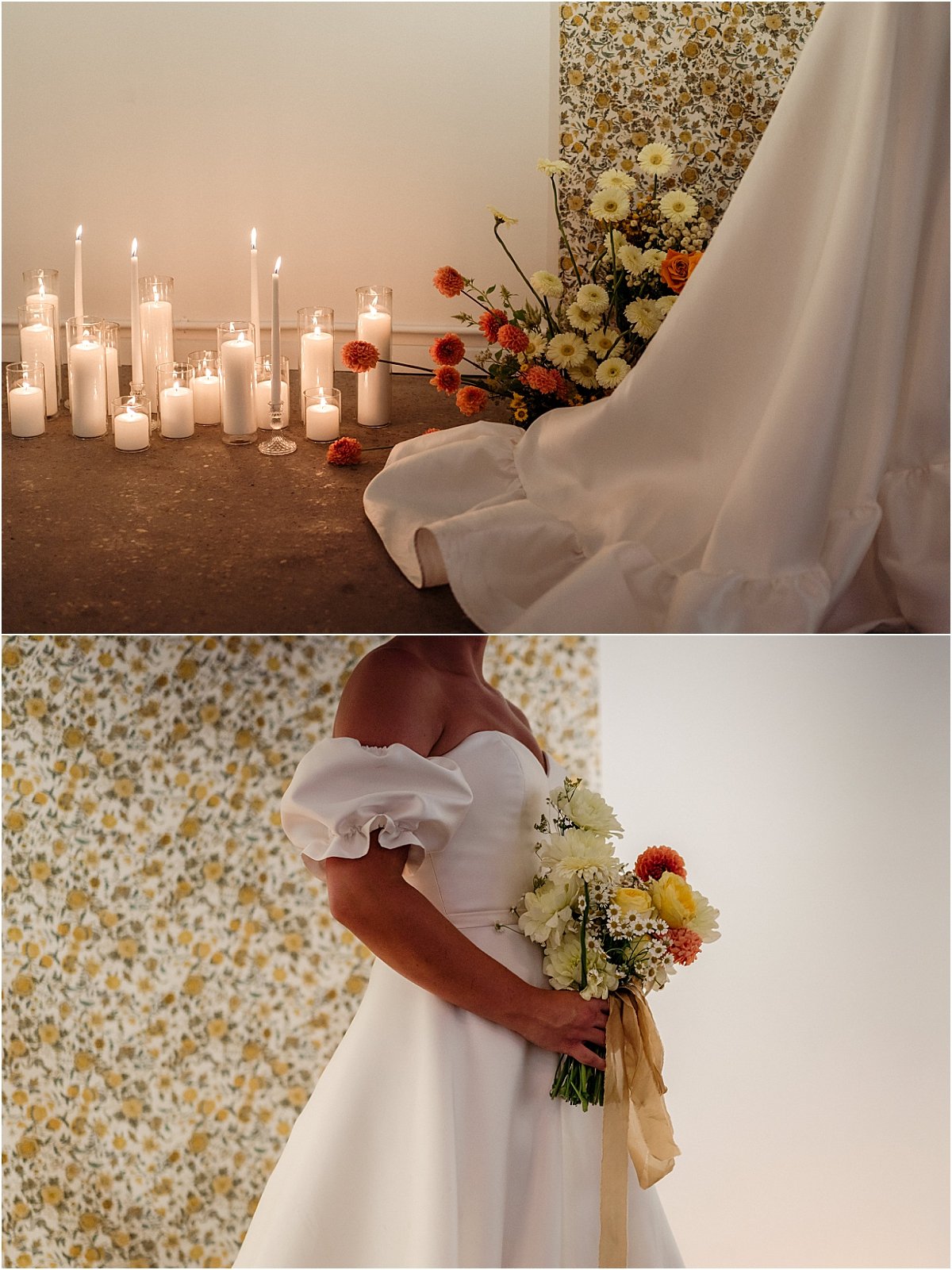 Bride standing in front of retro fabric, pillar candles and orange and yellow floral nest