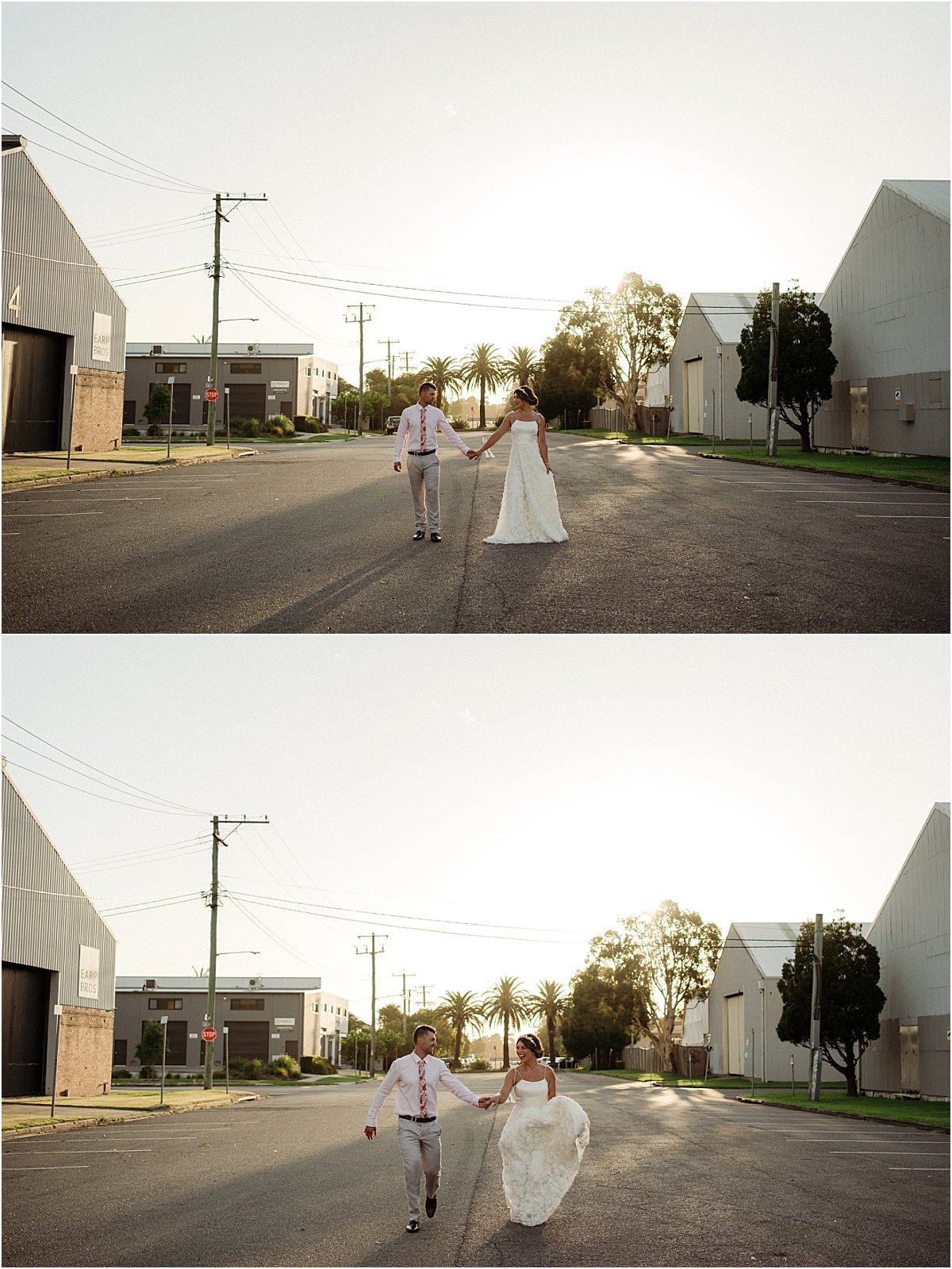 Bride and groom walking and dancing in the street together at sunset in Carrington NSW