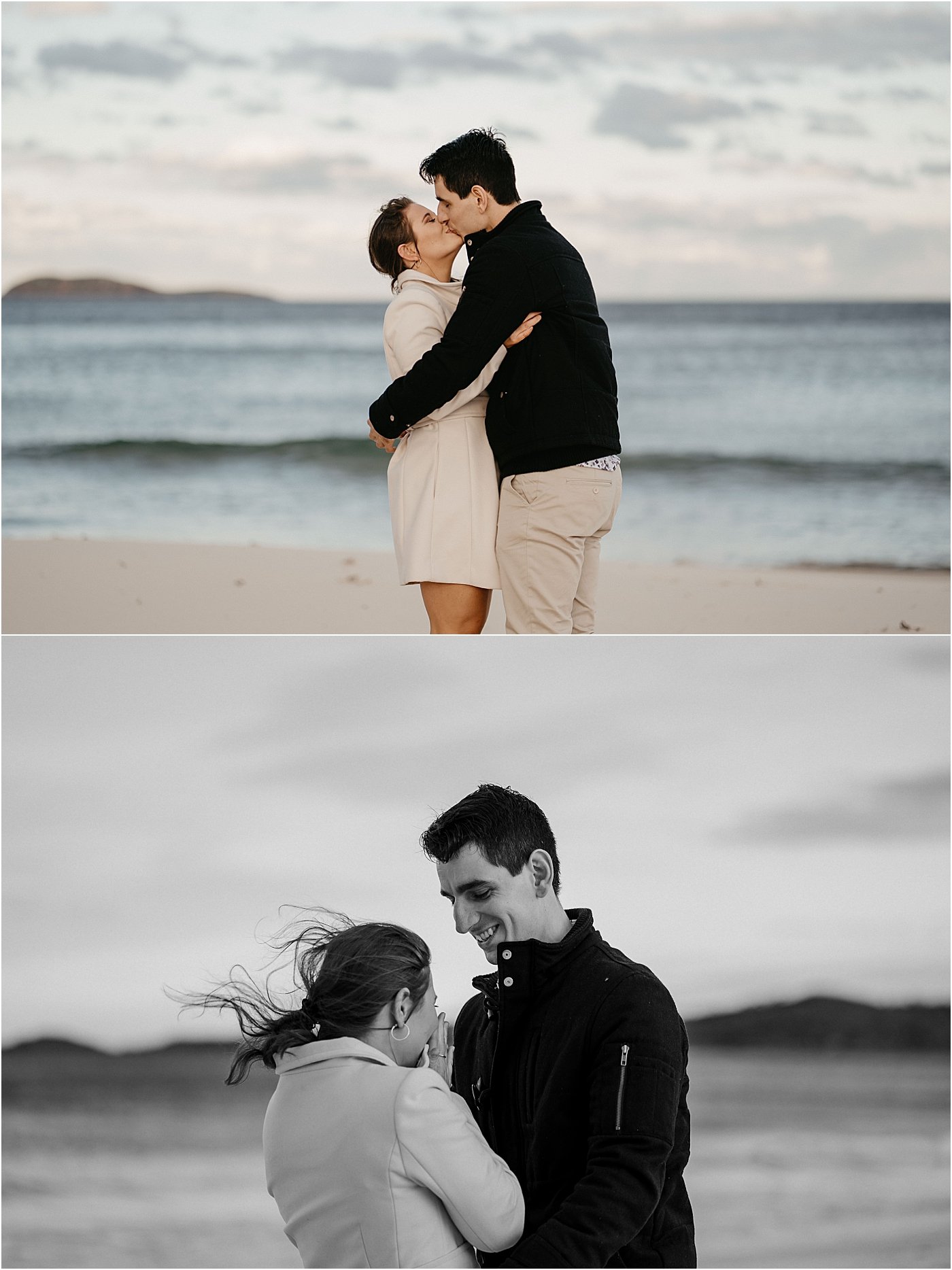 Couple kissing on the beach at Box beach after surprise proposal NSW