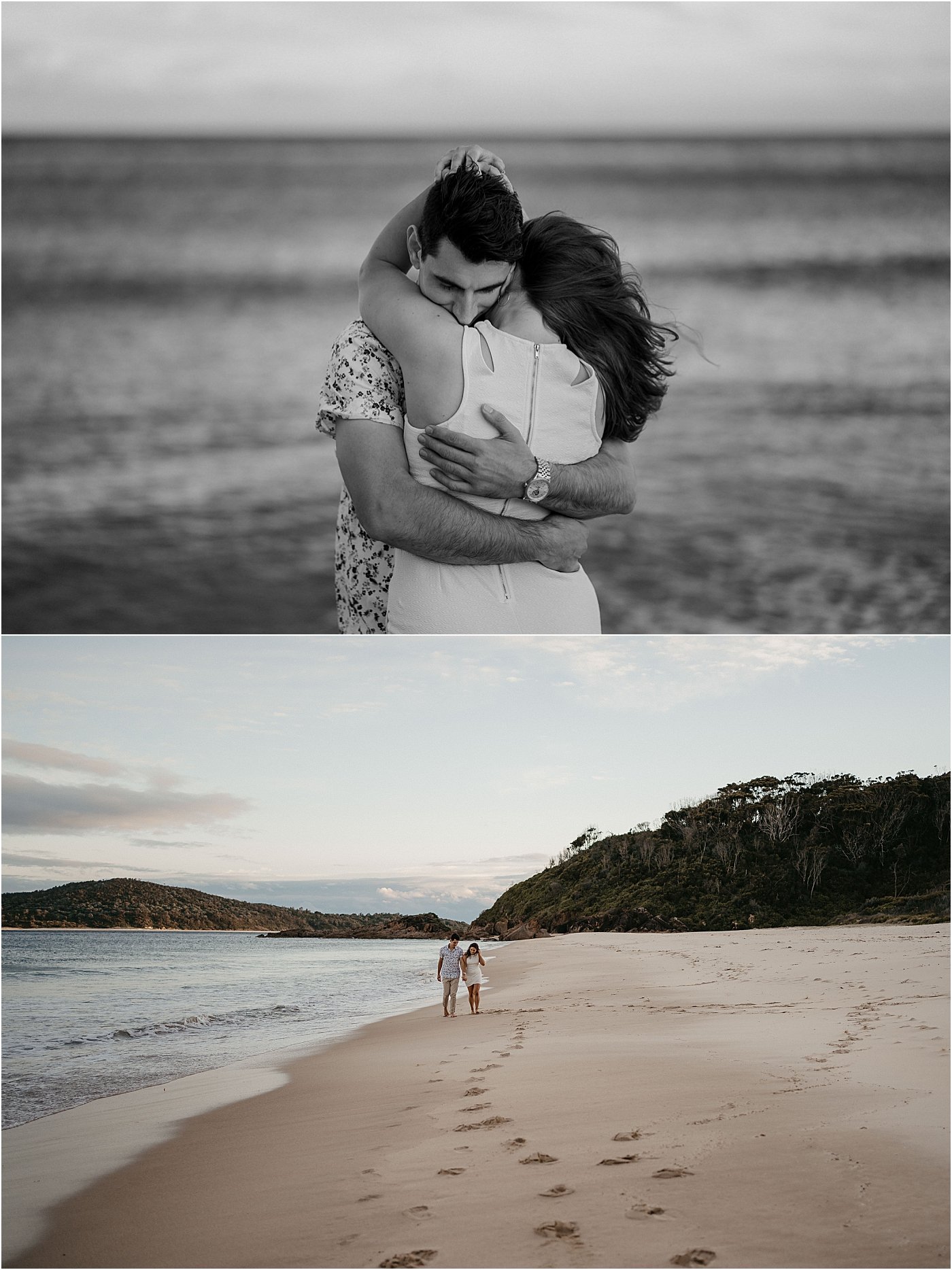 Couple hugging and walking together after proposal in Port Stephens NSW