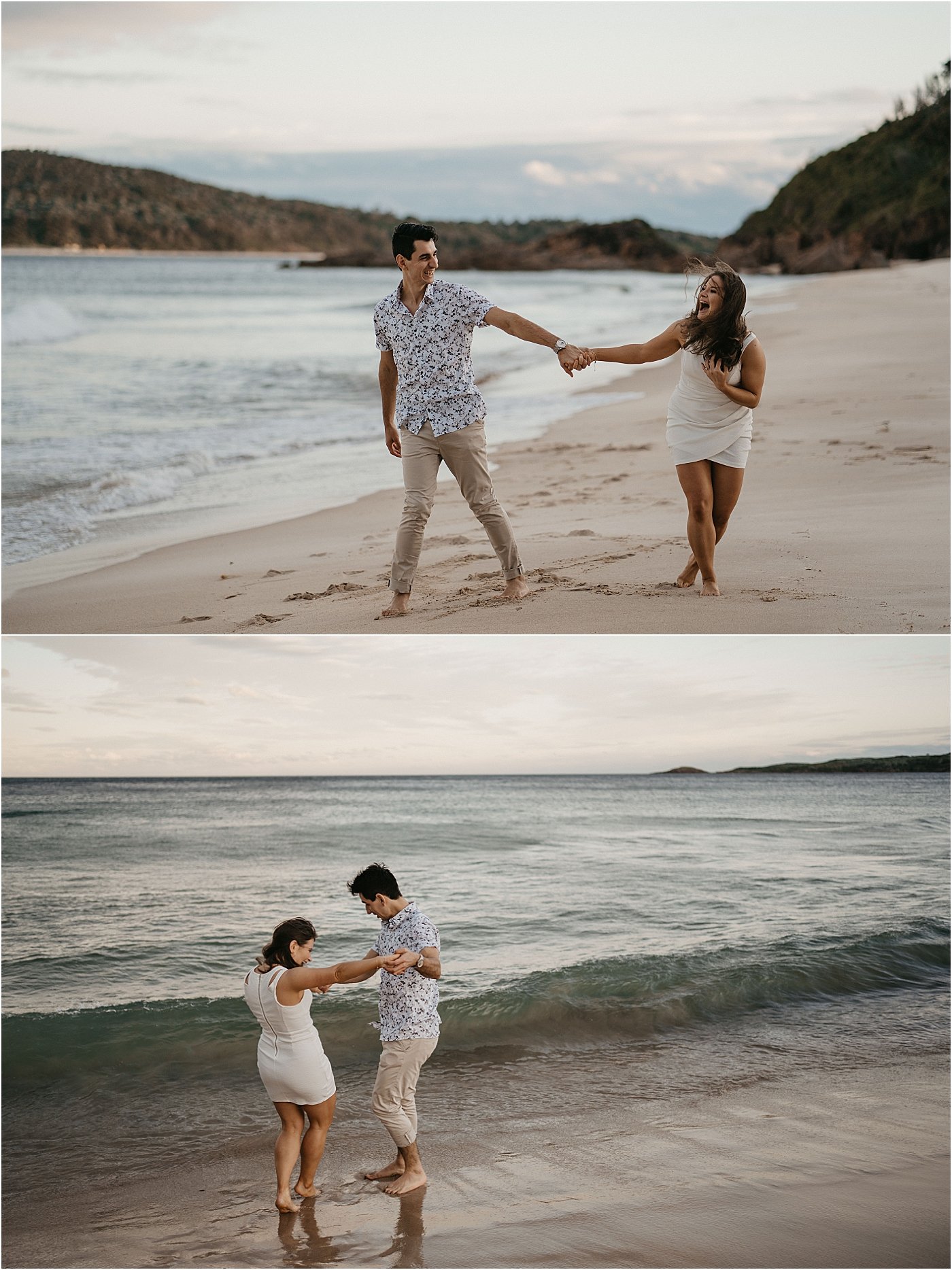 Couple walking and dancing together in the water at Box beach Port Stephens