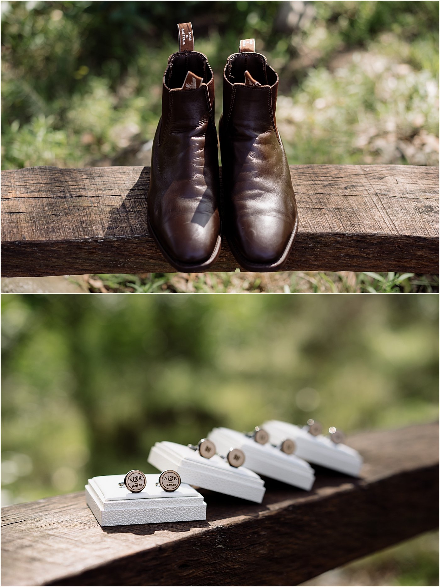 Groom wedding boots and custom wooden cufflinks