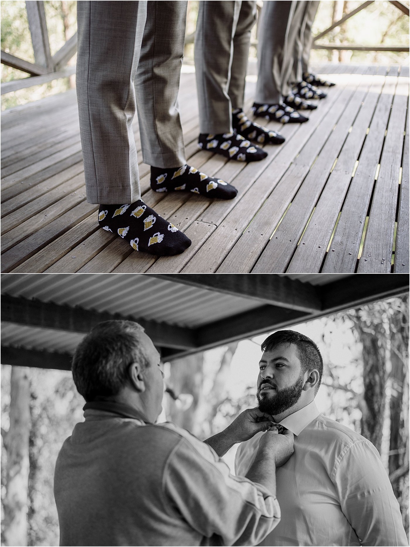 Groomsmen wearing matching beer socks, and groom getting his shirt adjusted by groomsmen