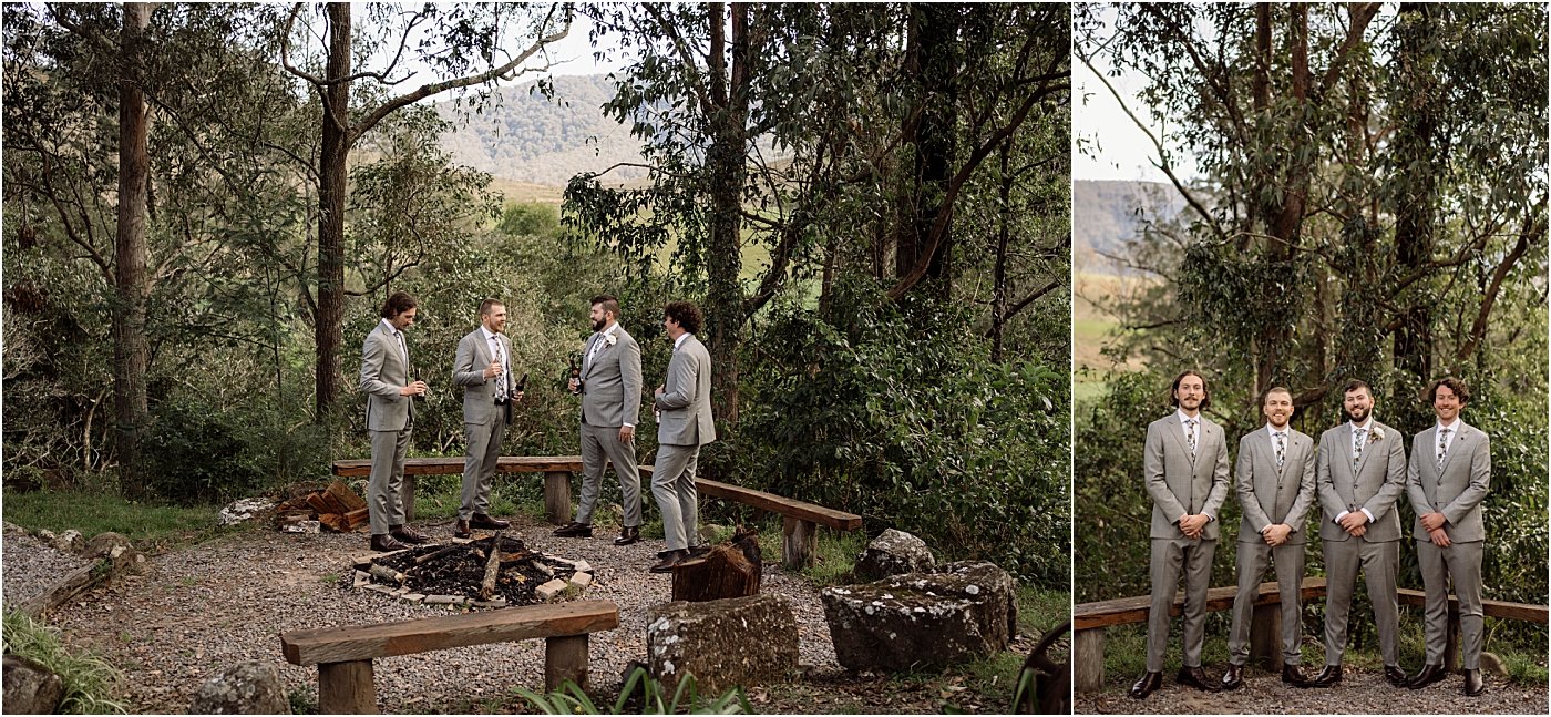 Groomsmen standing and drinking together around campfire at Riverwood Downs