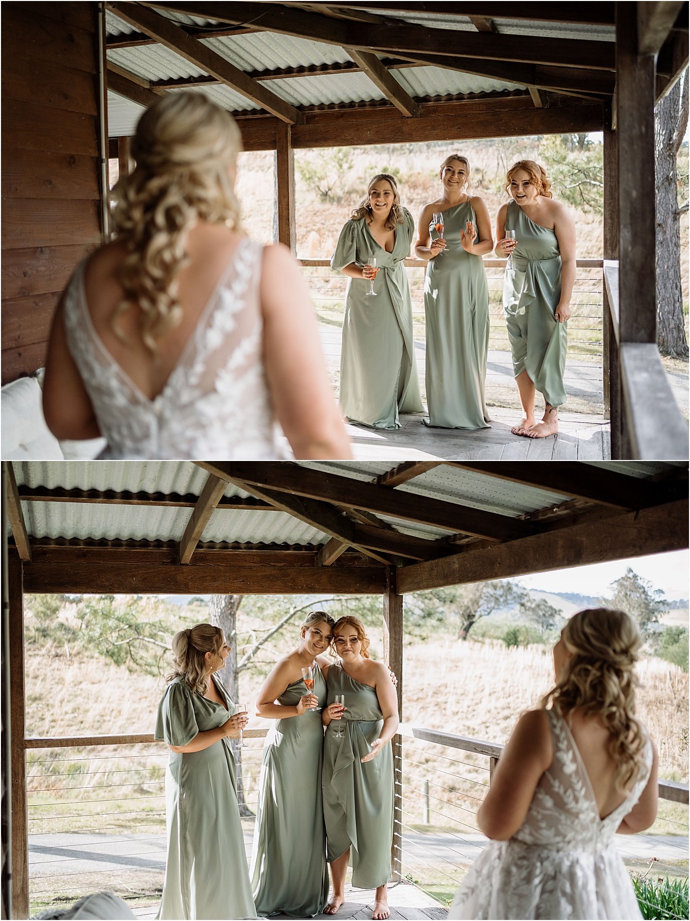 Bridesmaids first look at bride in wedding gown at Riverwood Downs