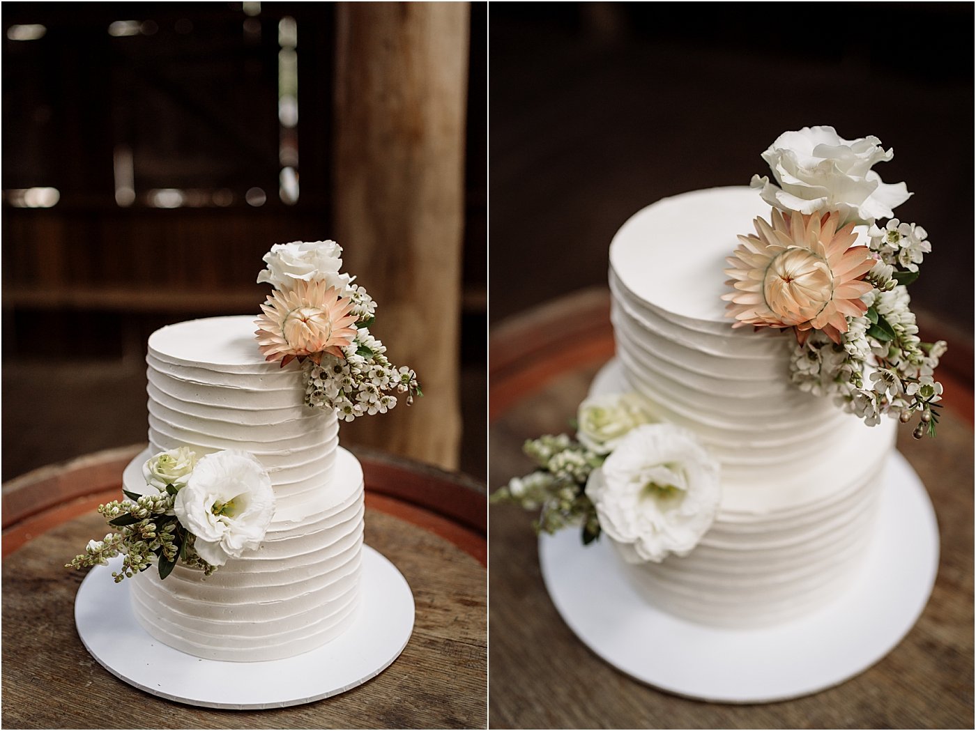Two-tiered white wedding cake, decorated with pink and white flowers