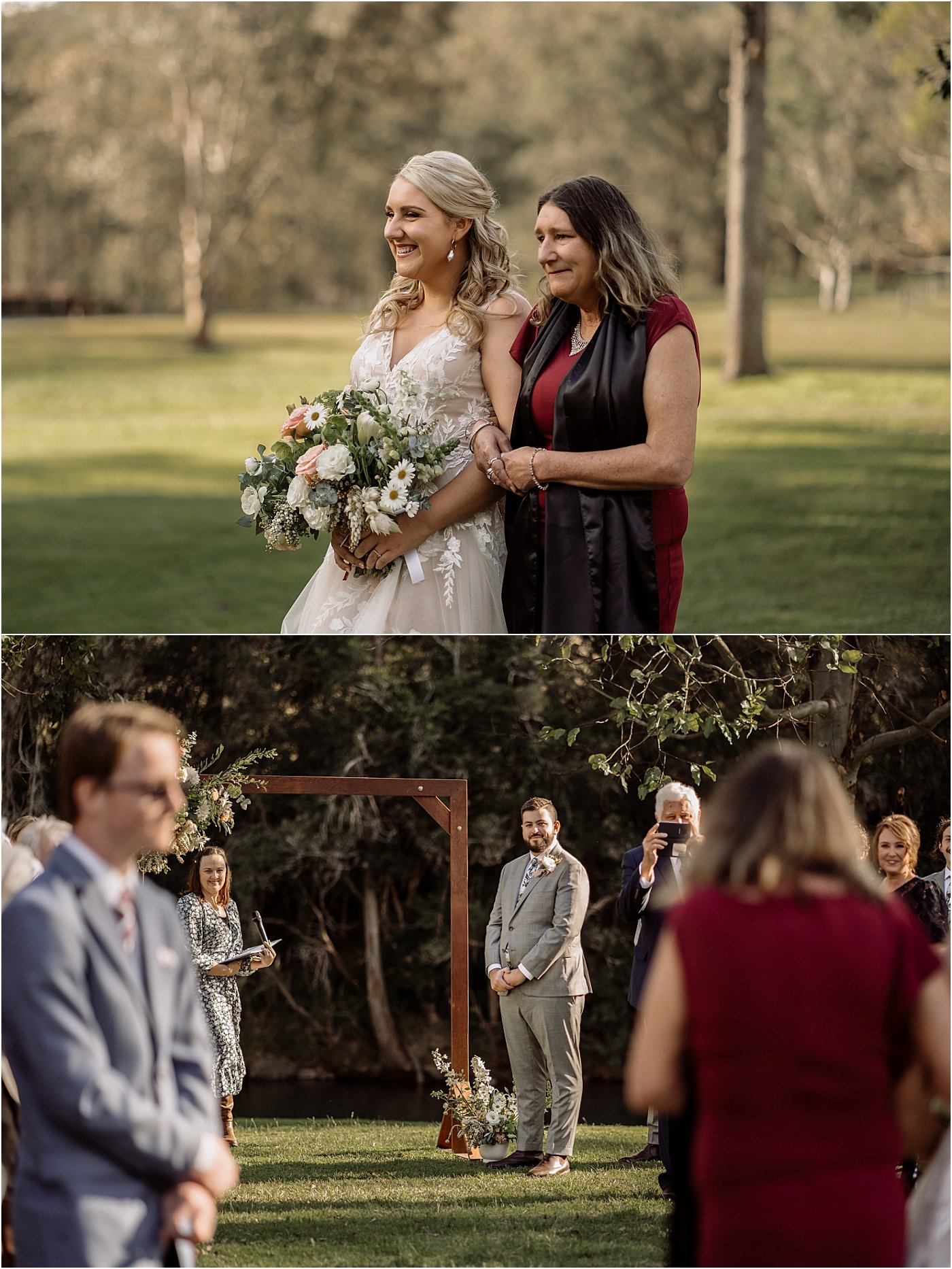 Bride walking down aisle at Riverwood Downs with mother