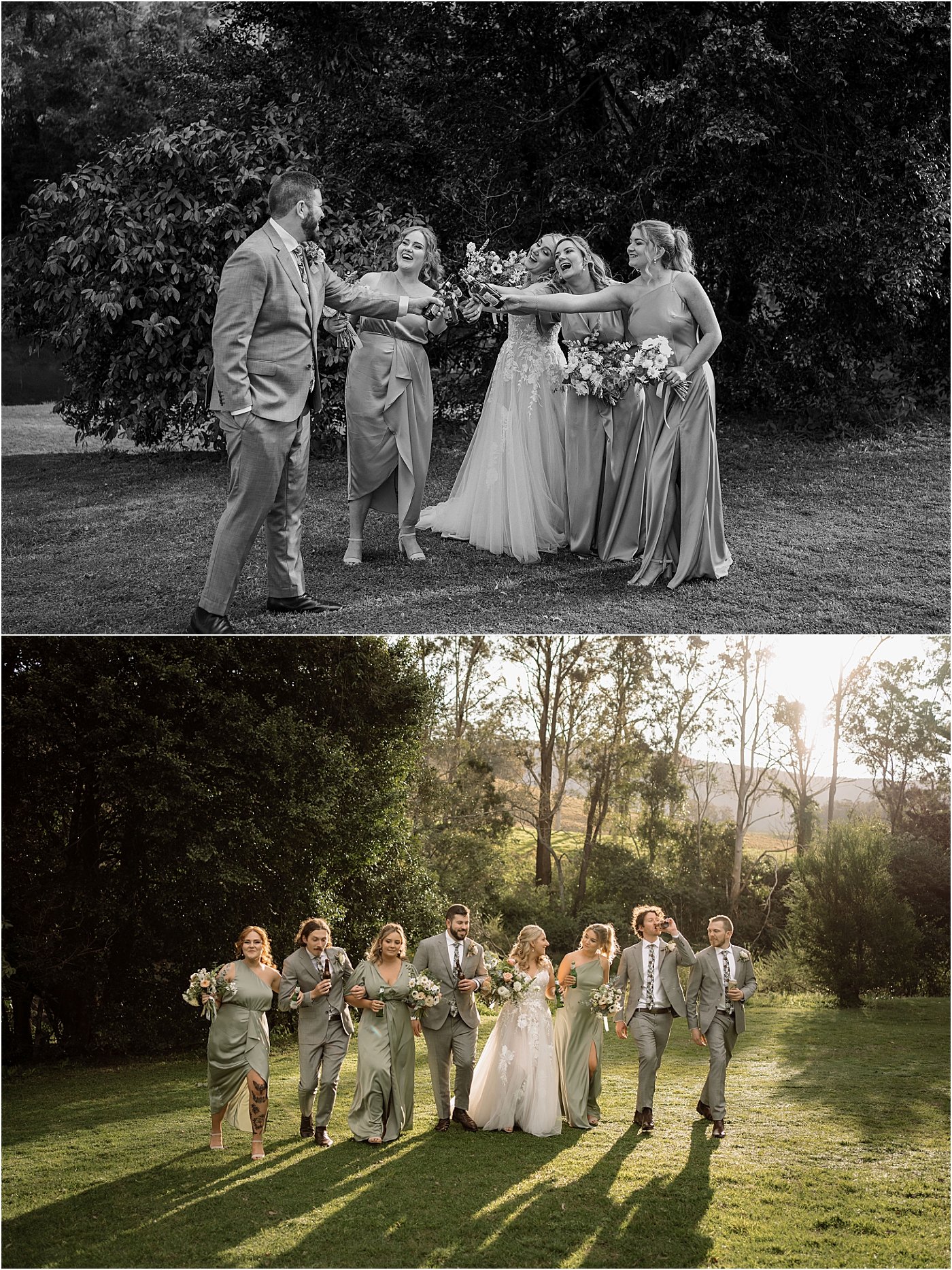 Bridal party sharing a drink and laughing together