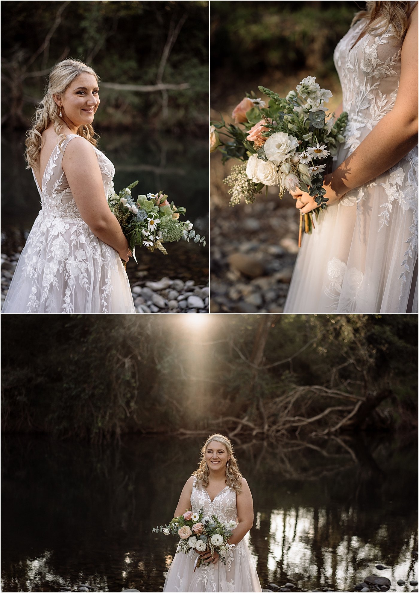 Bride with poppy bridal bouquet, near the river at Riverwod Downs