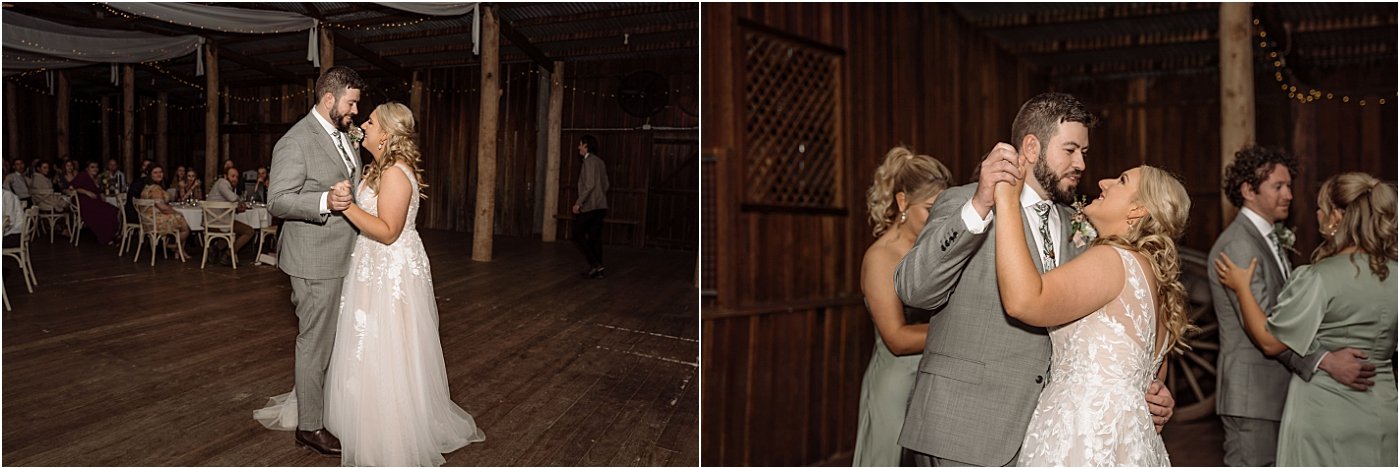 Couple sharing first dance together at Riverwood Downs in the Woolshed