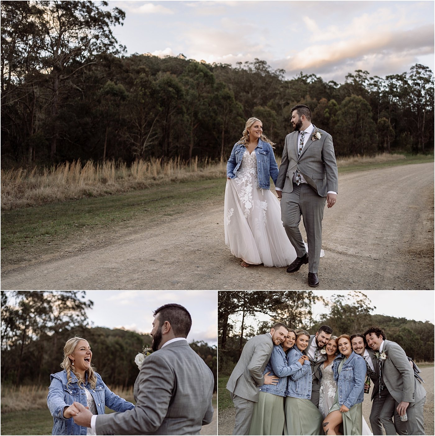 Bridal party and couple walking and dancing alot a dirt road at Riverwood Downs