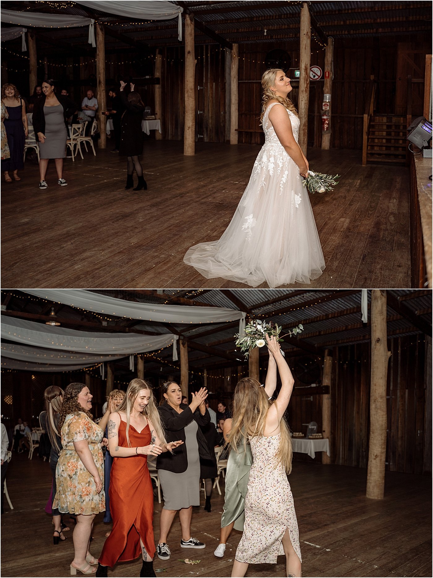 Bride throwing wedding bouquet at Riverwood Downs wedding