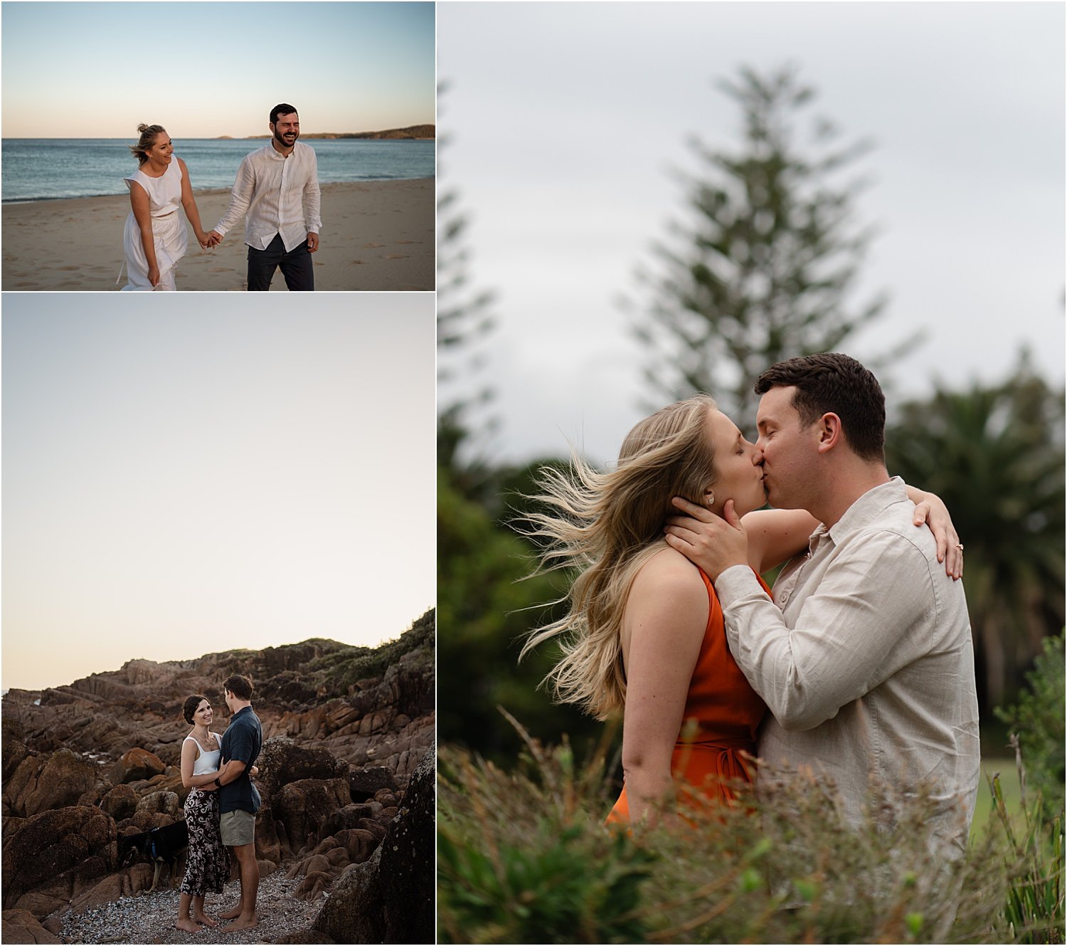 A couple kissing on the beach during their engagement session.