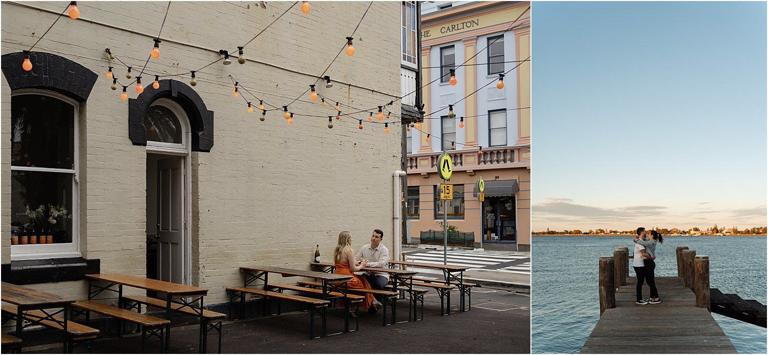 Two pictures of people sitting on a pier in front of a building.