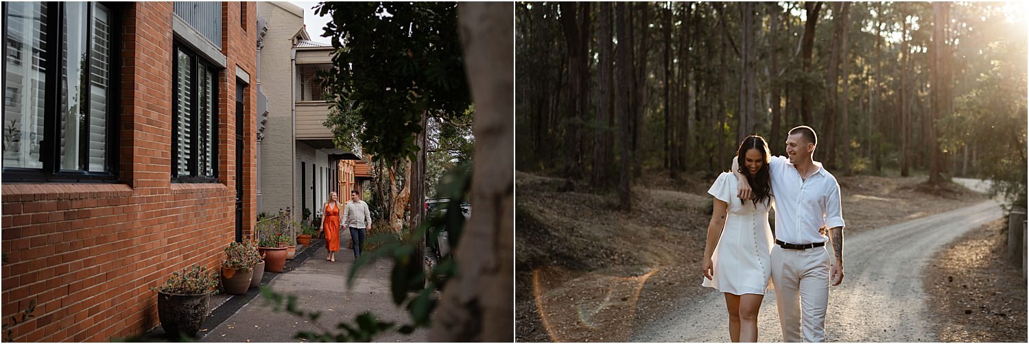 Two pictures of a couple walking down a road.