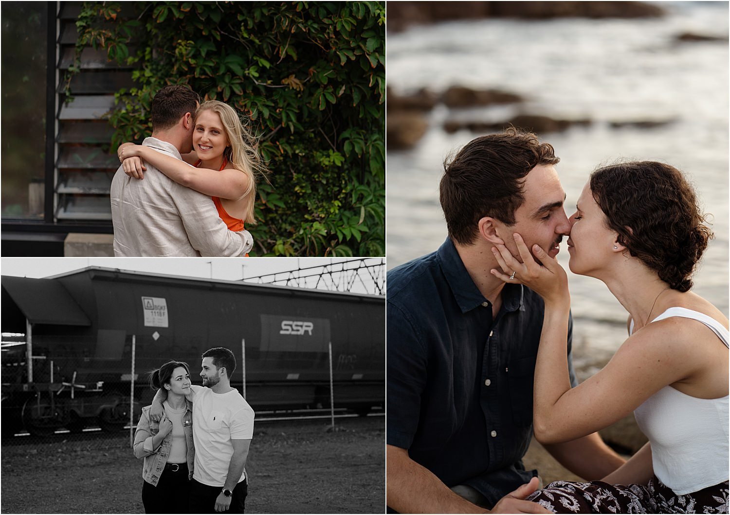 Four pictures of a couple kissing in front of the ocean.