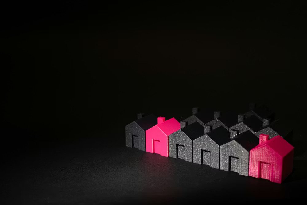 illustration of black houses and two pink to represent family estrangement