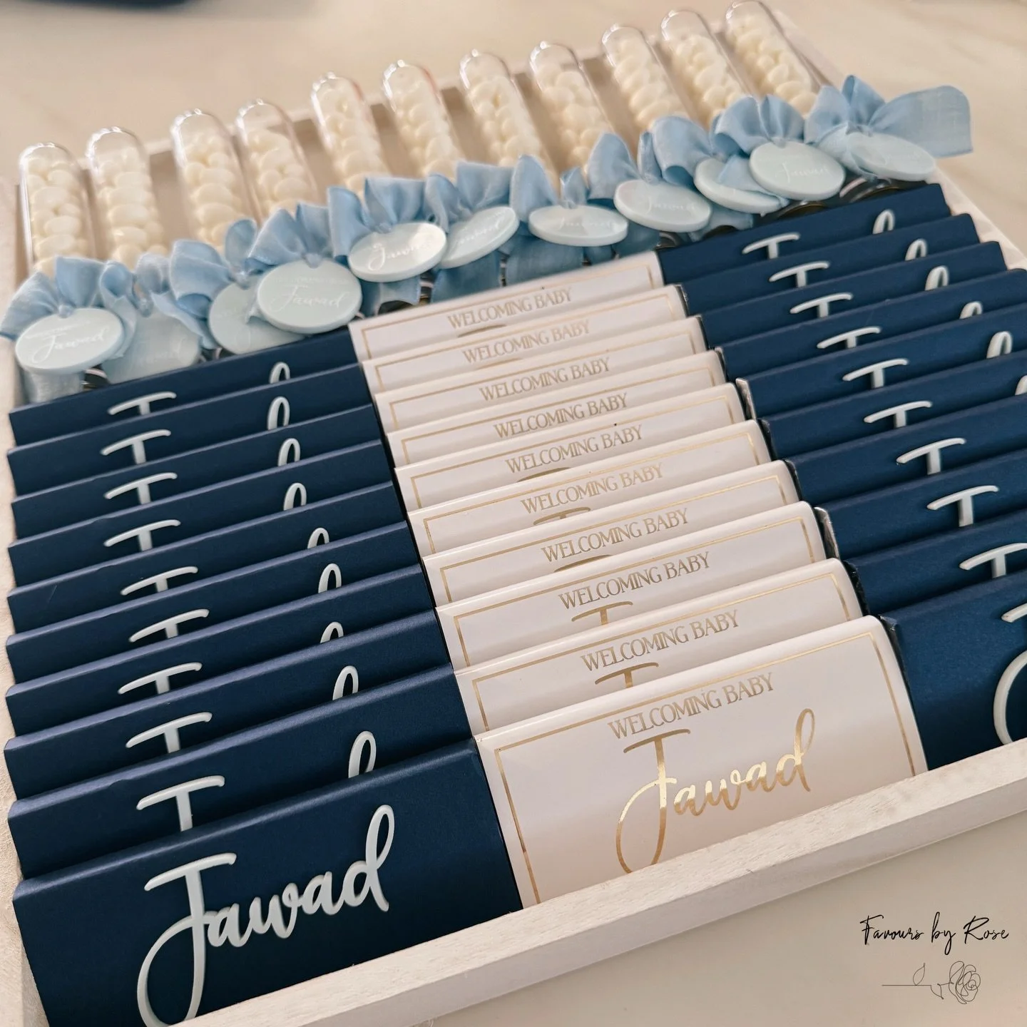 The perfect gift tray for baby Jawad 🩵🩵@favoursbyrose

DM for custom orders and enquiries. 

#baby #birthday #newborn #newbornarrangement #newbornsetup