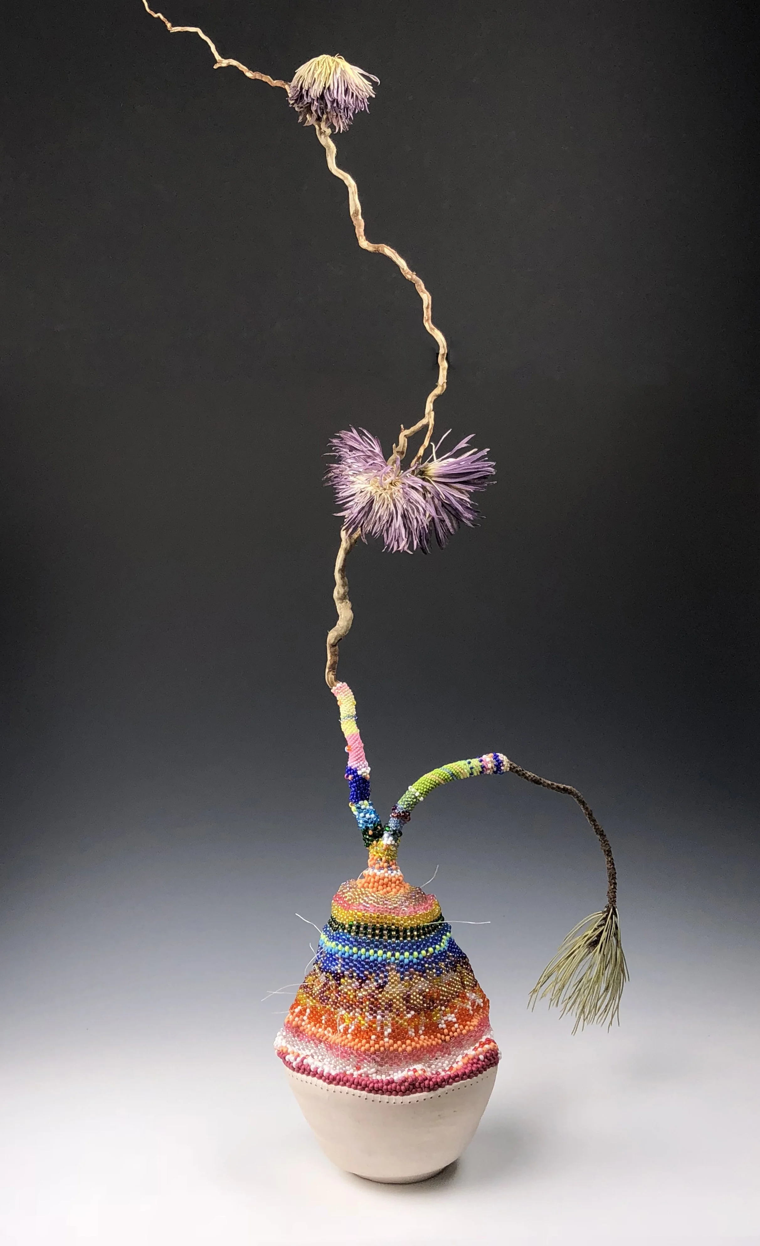 Stasis, Glass Seed Beads, Clay, Silica Dried Astrids, 75 Yards of Synthetic Bead Thread, Twigs, 2018