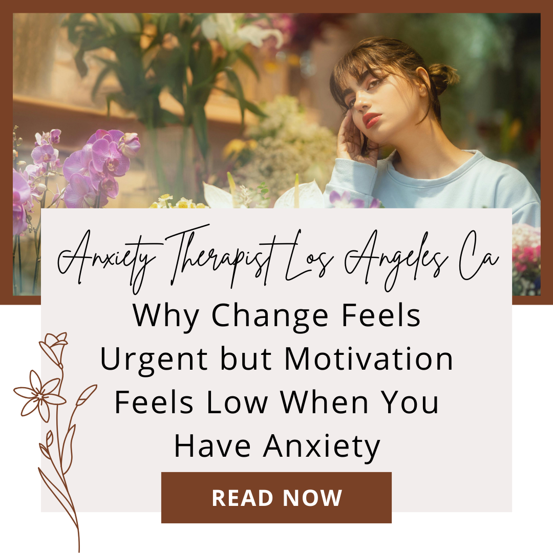 BIPOC woman in flower shop pensive with title of blog talking about the struggle of motivation when you have anxiety