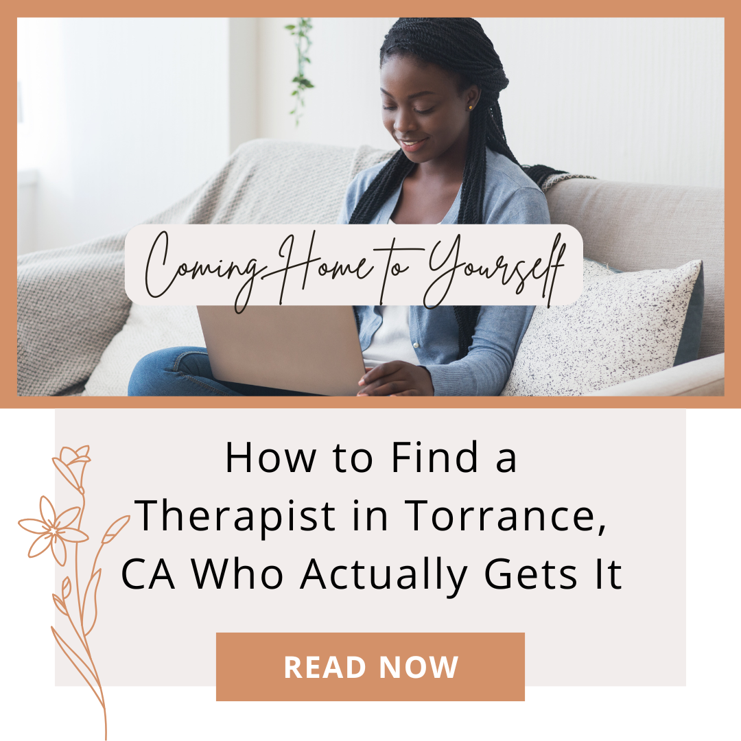 BIPOC adult searching for a therapist in Torrance, CA on a laptop