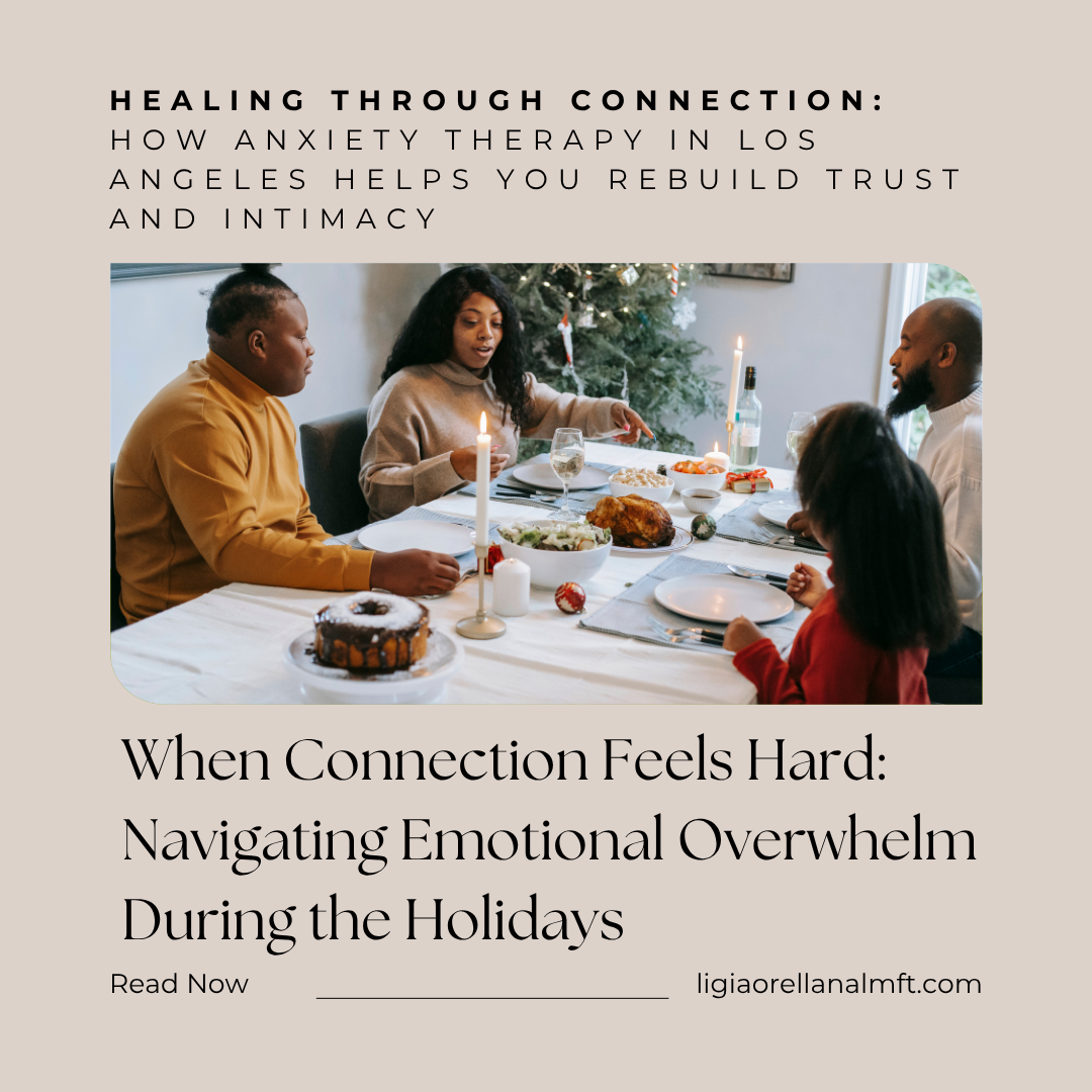 Bipoc familu during the holidays sitting in a table with turkey and dessserts next to a christmass tree with adults and children representing setting healthy boundaries for family gatherings during the holidays