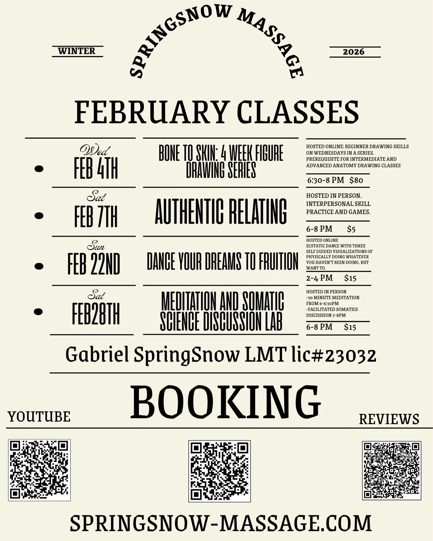 Authentic Relating tomorrow 6-8pm at my downtown massage office. External doors close at 6:05.

-Gabriel SpringSnow LMT lic#23032 

SpringSnow Massage and Class booking; https://SpringSnowMassage.as.me/

Email: springsnow.massage@gmail.com