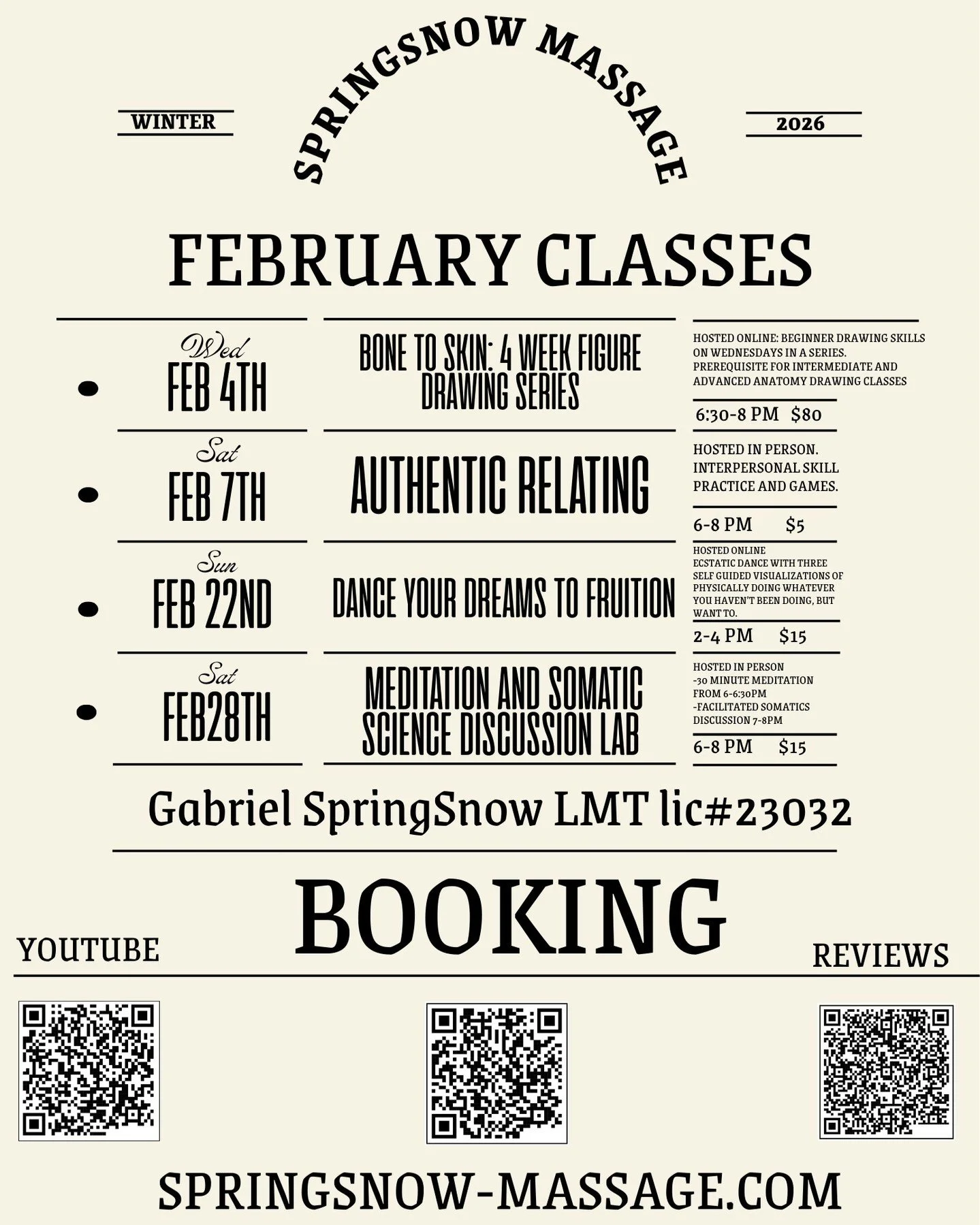 In person 30min meditation and open "Somatic" discussion 6-8PM Saturday.

Conduct agreements are required and can be found in my online booking process. PM with Qs if you got em.

Booking link: https://SpringSnowMassage.as.me/MeditationOnTh