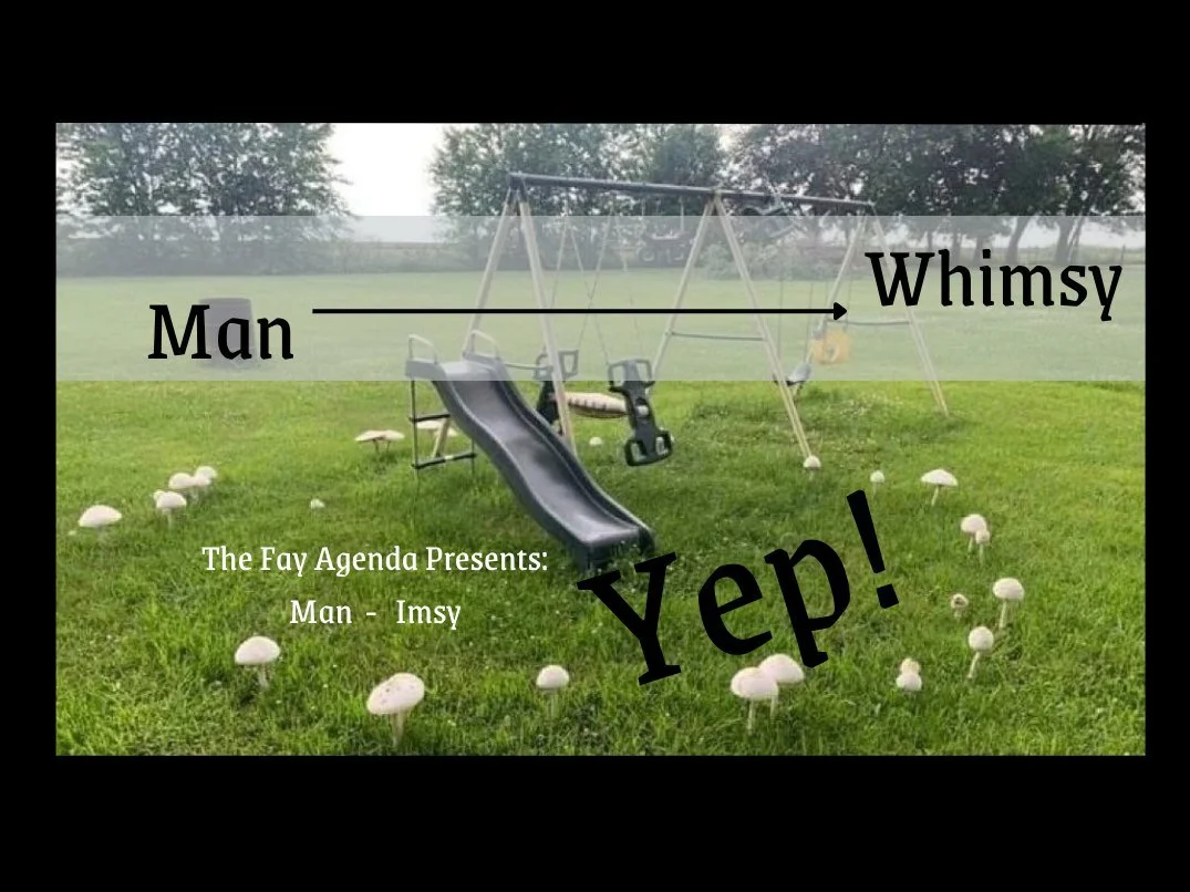 Whimsy idea:

An event where all in attendance allow and support "masculine whimsy" to transpire. That's it. That's the whole idea.

Practice:

A "word" has been given and the current whimsy plan is to caravan into the forest to, 