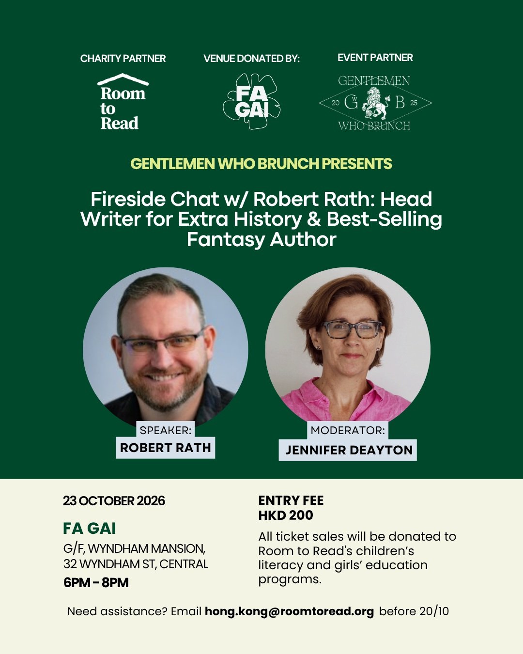 Join us on October 23rd for an exclusive fireside chat featuring Robert Rath and Jennifer Deayton, co-hosted by @roomtoreadhk and @gentlemenwhobrunch 

100% of ticket sales go directly toward supporting Room to Read&rsquo;s programs for children&rsqu