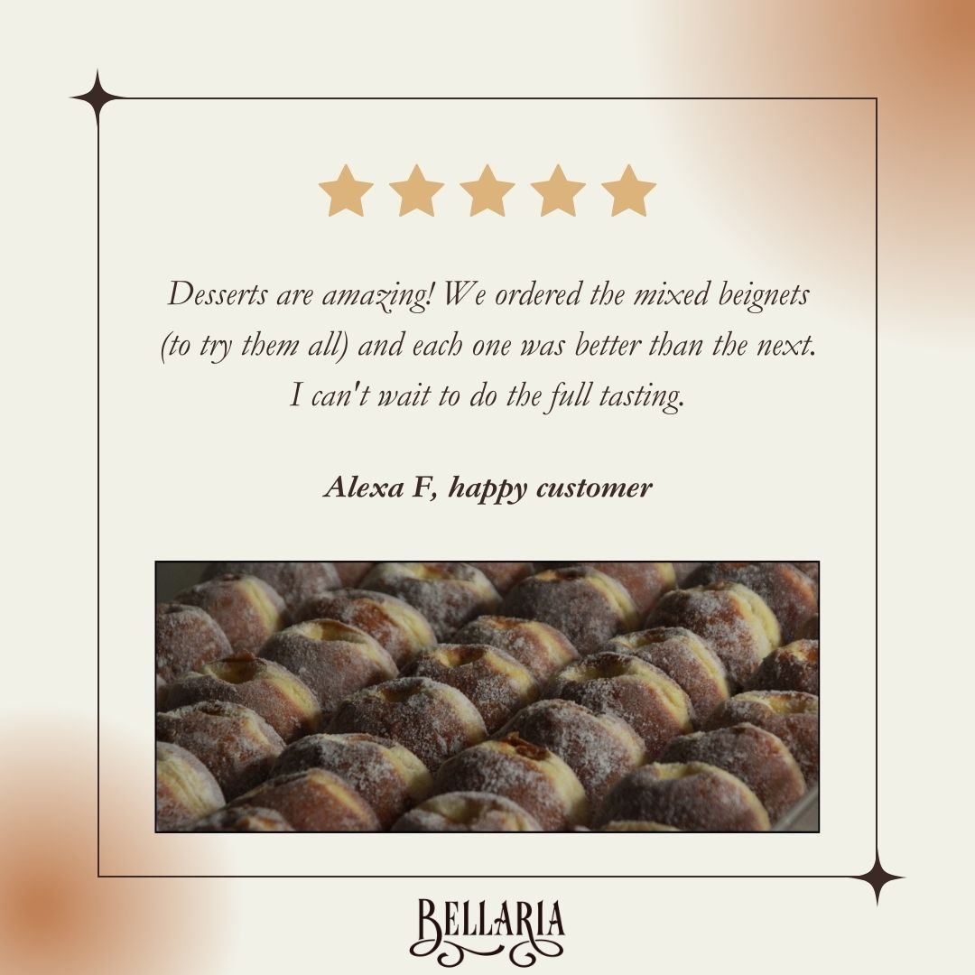 Thrilled to hear you enjoyed our mixed beignets, Alexa F! 🌟 Each bite is crafted with delight, and we can't wait for you to experience the full tasting adventure at Bellaria Dessert Studio. Your sweet journey awaits! 🍩💖

 #Beignet
#BellariaDessert