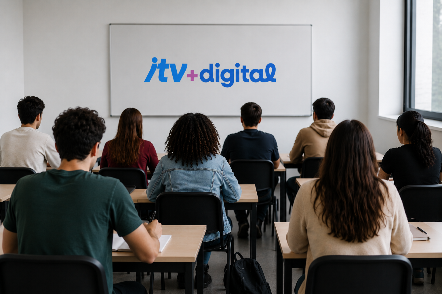 Students attending a classroom lecture with a whiteboard displaying the ITV+ Digital logo.