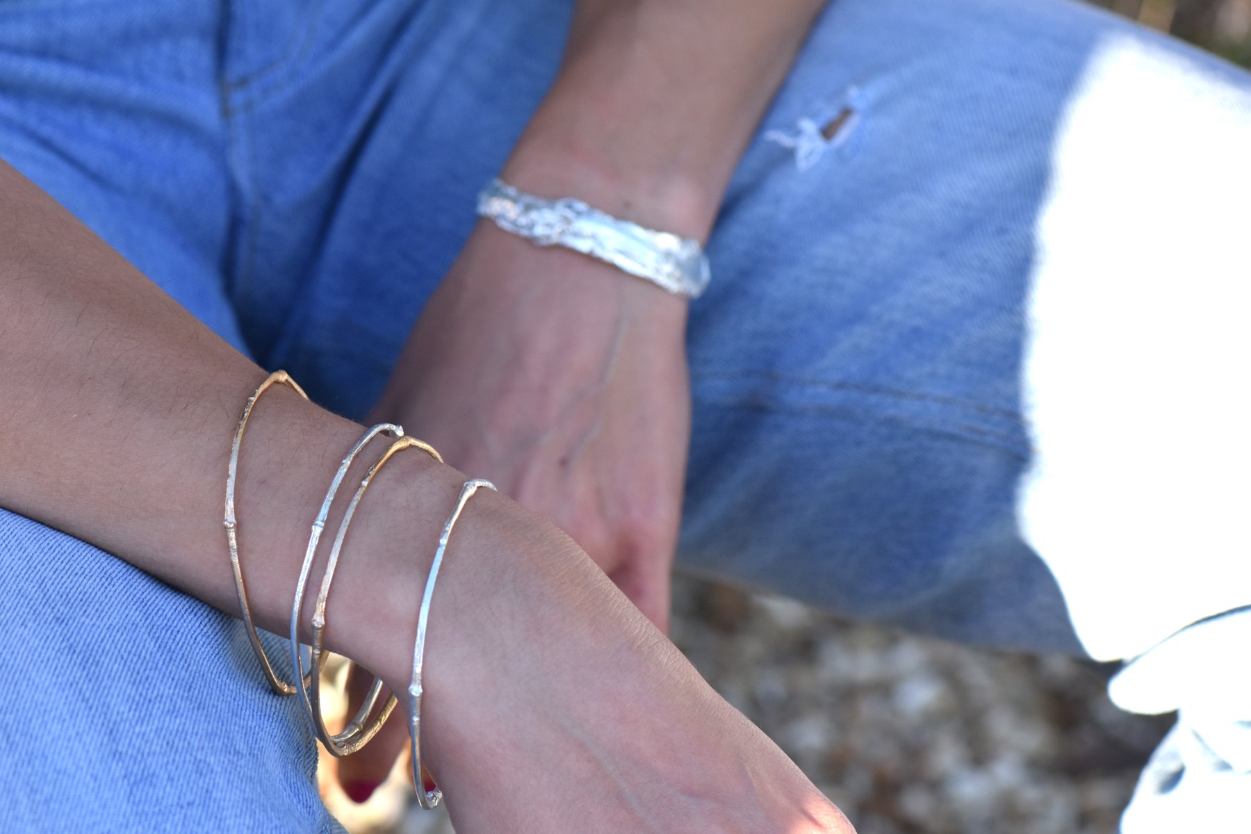 SH-Jewellery-Edinburgh-Morningside-Contemporary-Jewellery-gallery-silver-bamboo-bangle-issy-white-model-lifestyle