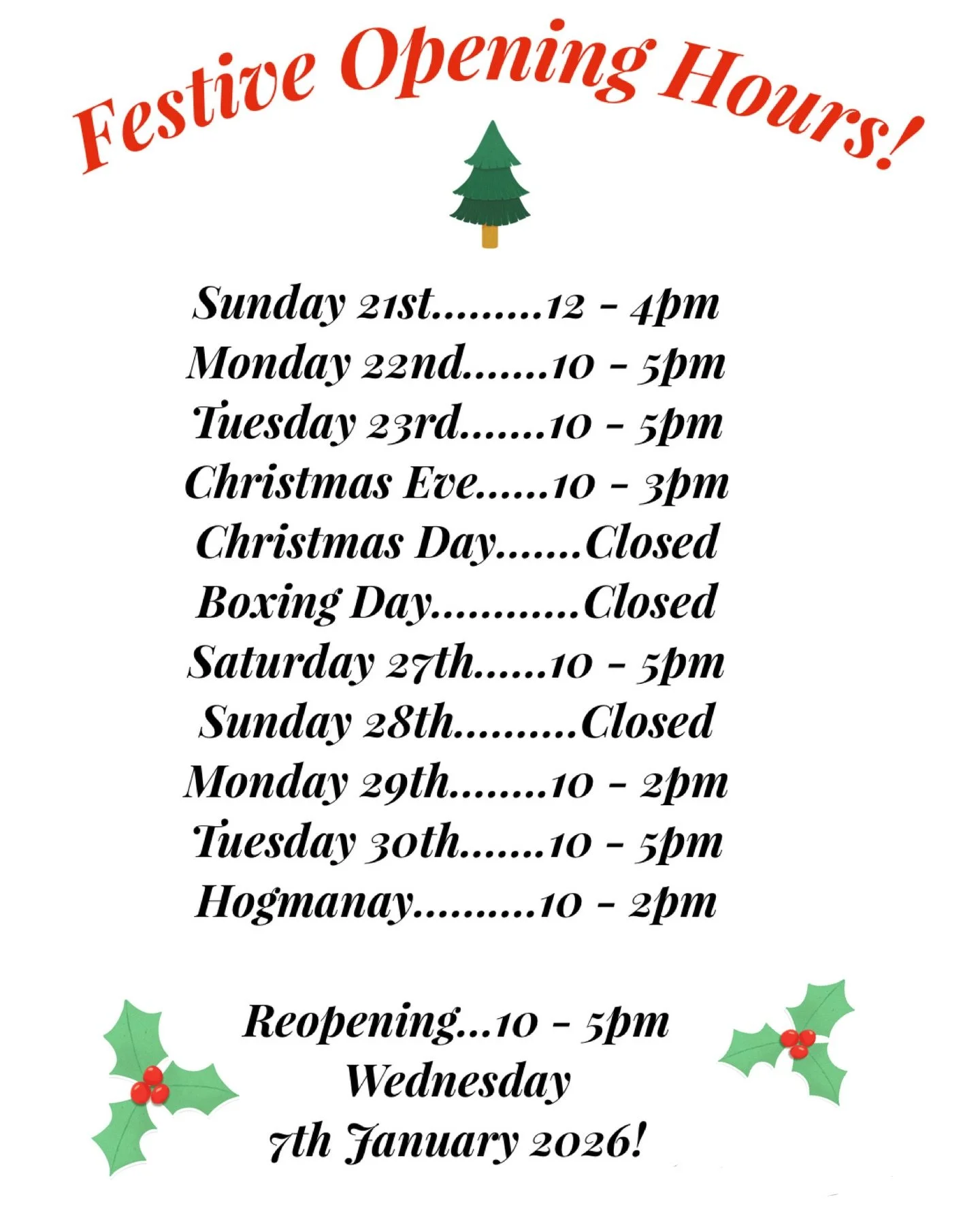 ✨ Festive Opening Hours ✨
The most wonderful (and busiest!) time of the year is here 🎄

There&rsquo;s something so special about this season in the shop &ndash; catching up with familiar faces, hearing about your year gone by, your plans for Christm