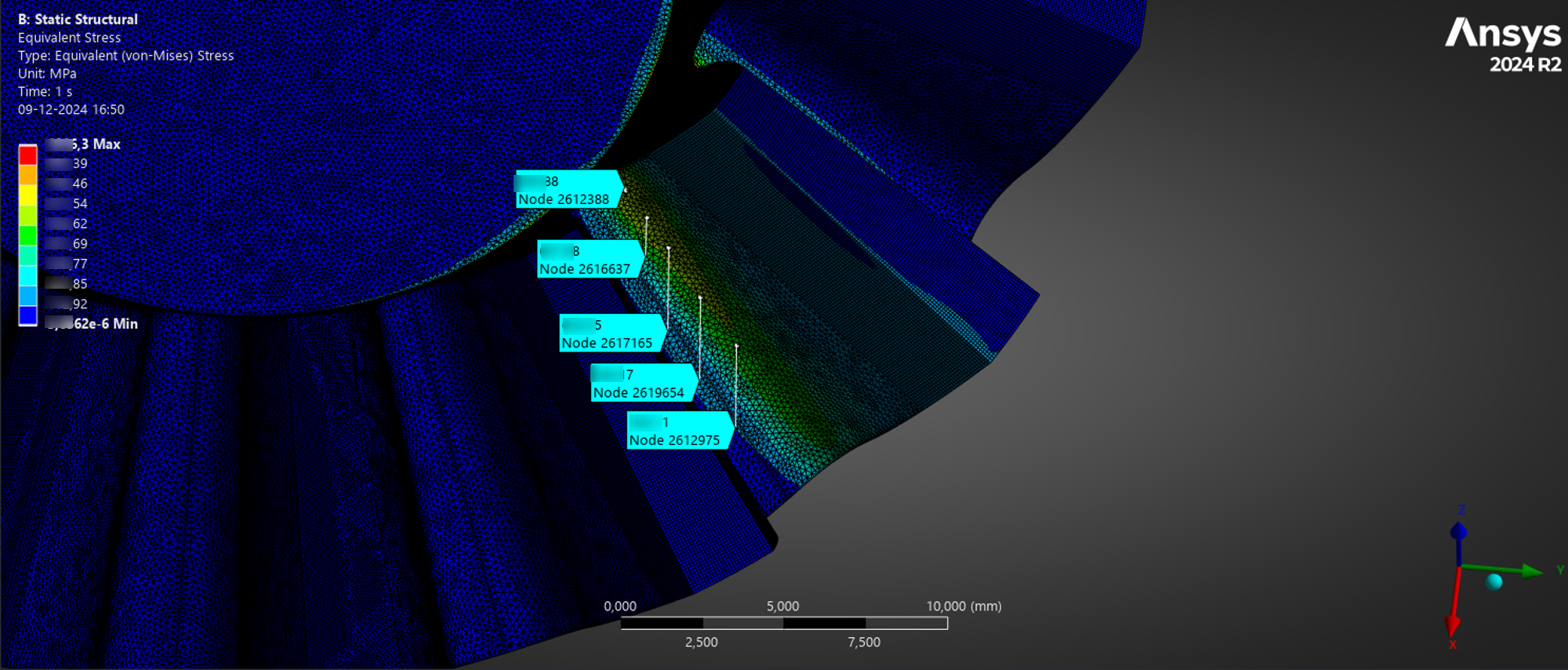 Computer simulation showing a finite element model with nodes and stress distribution, labeled with node identifiers, in a mechanical structure analyzed for equivalent (von-Mises) stress levels in MPa, generated by Ansys software.