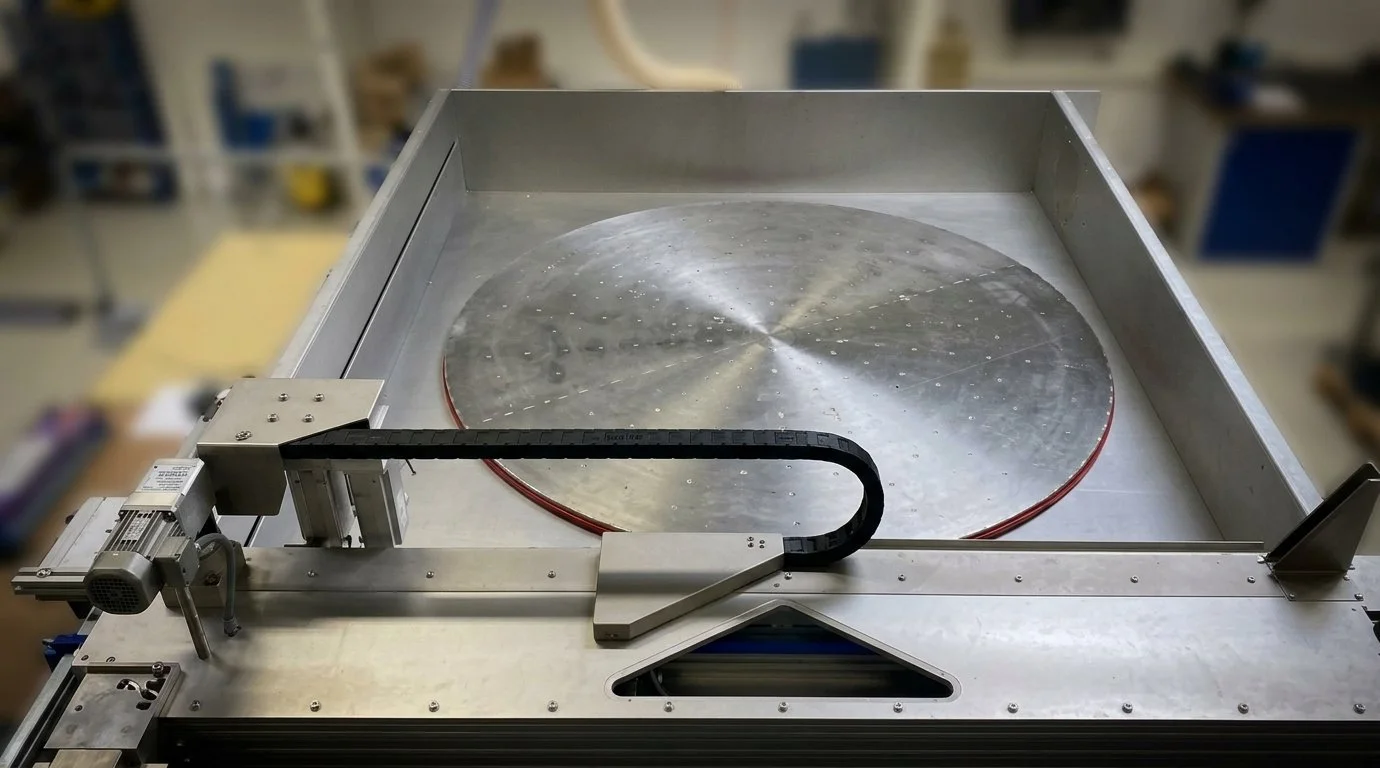 An industrial machine with a large circular metal plate in a work area.