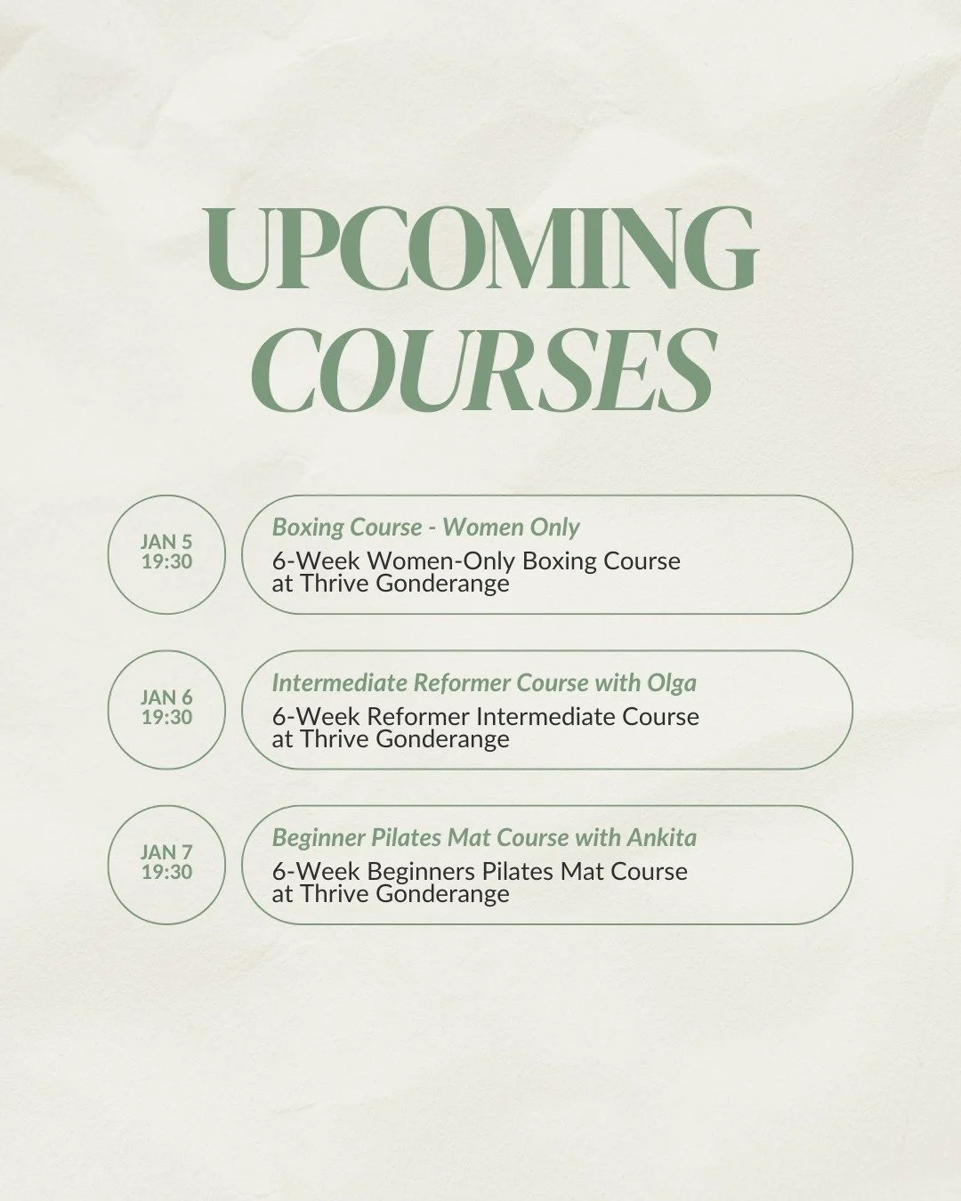 Our upcoming 6-week courses are designed to support steady, meaningful progress &mdash; no pressure, no extremes.

🤍 Women-Only Boxing
🤍 Intermediate Reformer
🤍 Beginner Mat Pilates

Progress happens session by session. If you&rsquo;re interested 