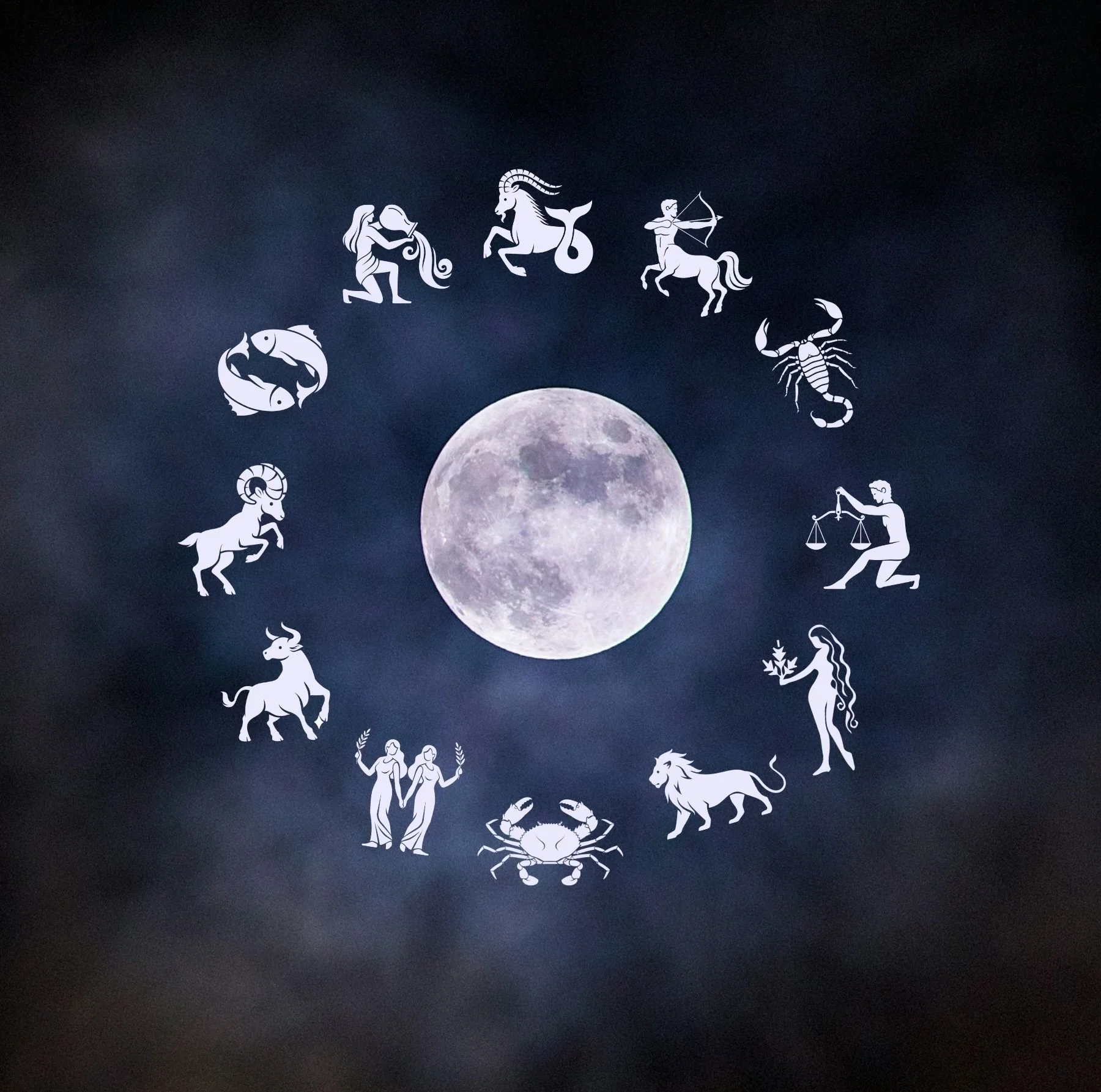 Luminous full moon surrounded by a circle of zodiac signs