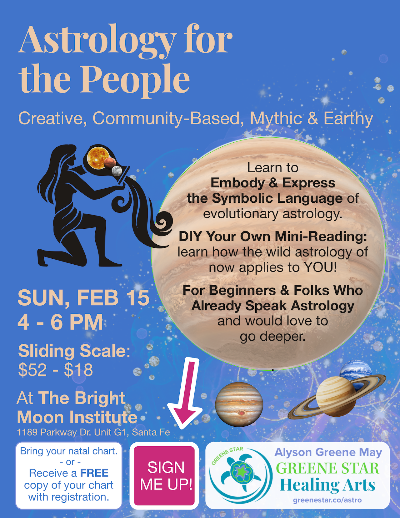 Flyer with planets and astrology symbols (details about event in text below)