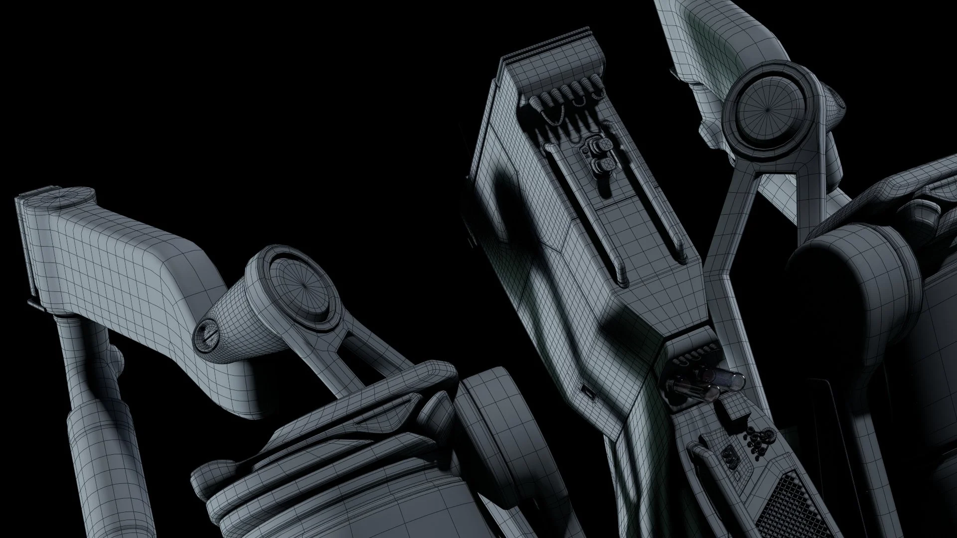 Robot with Naginate wireframe upper backside