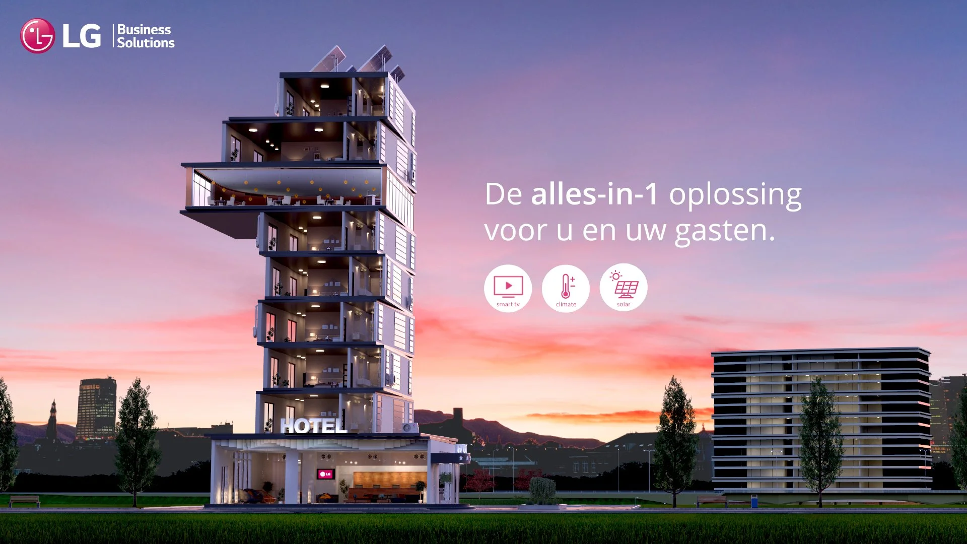 LG All-in-one solution. Image for LG airco, television and solar panels.