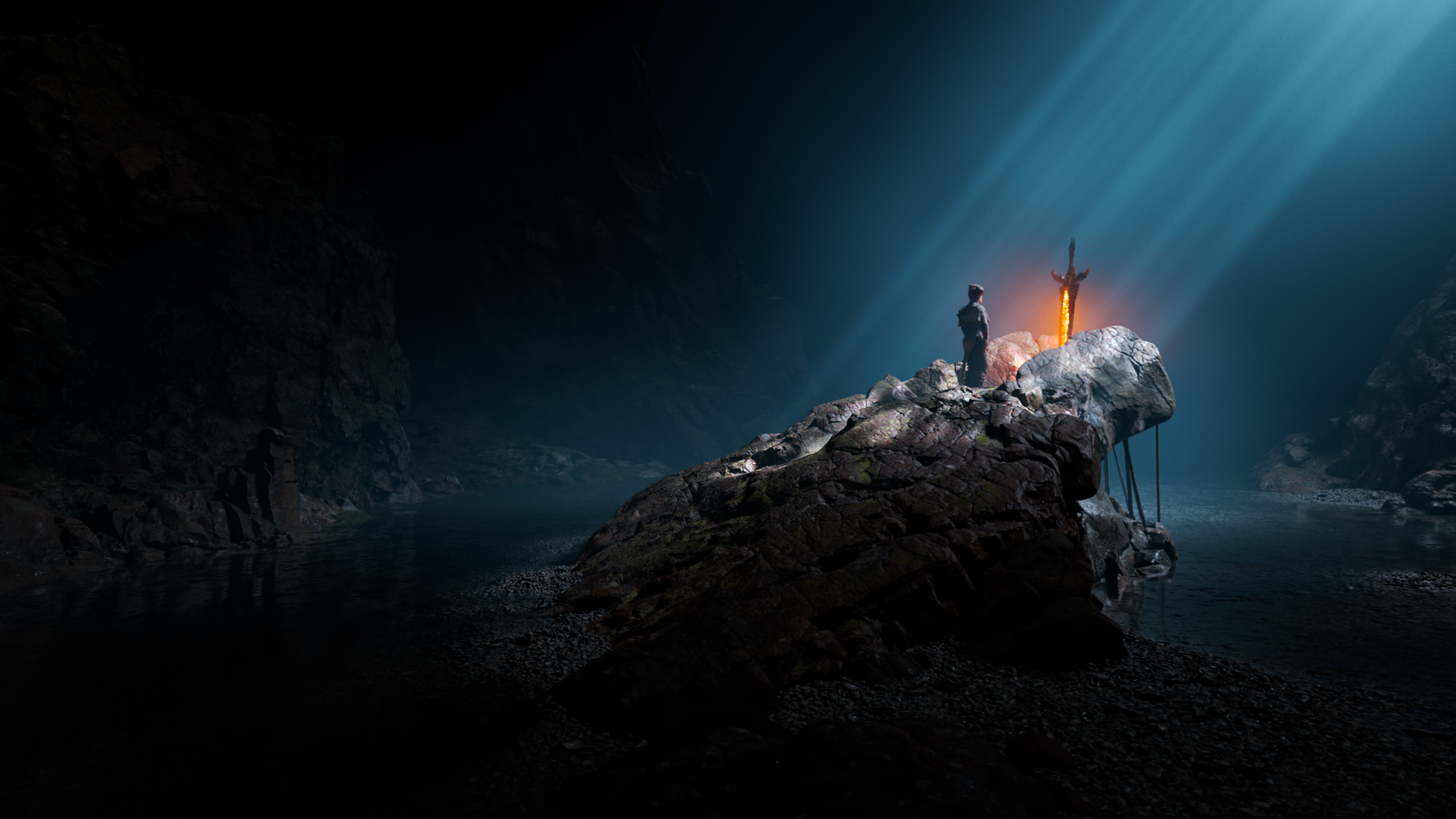 Dark full CG cave with godrays. Servant praying at a glowing sword in stone