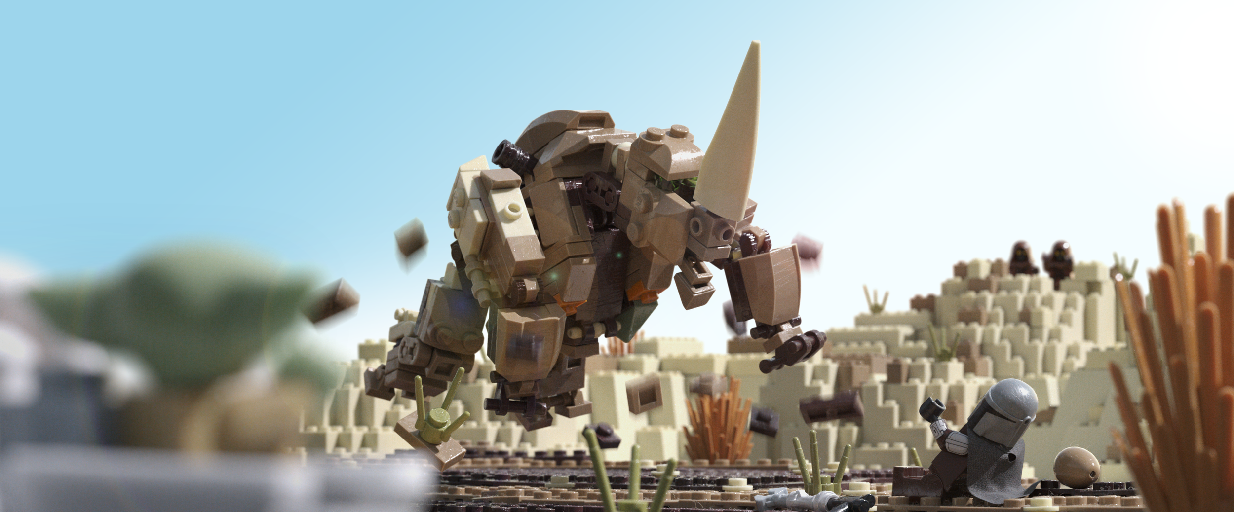LEGO x Mandalorian. Mudhorn beast being levitated by grogu just in time to save Mando.
