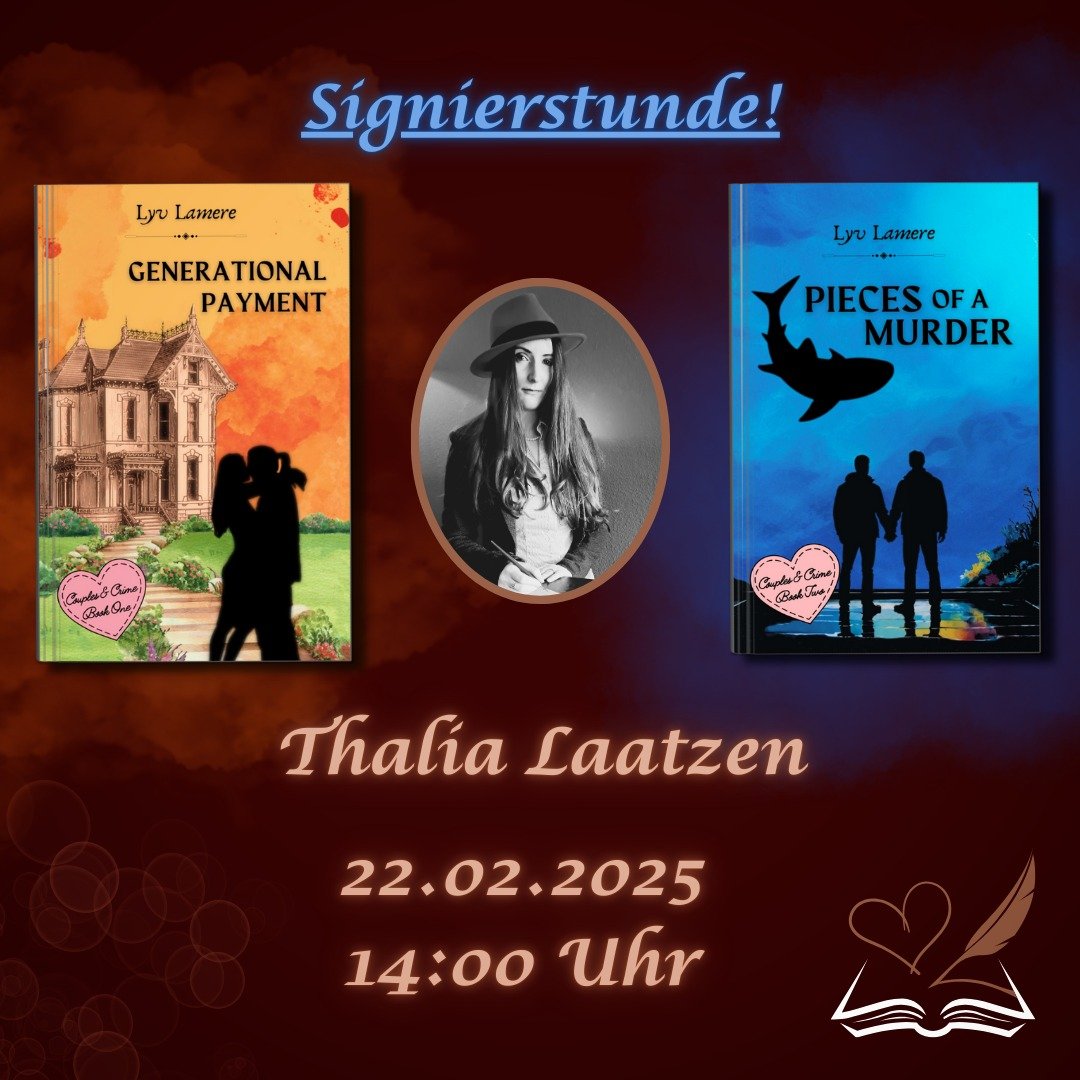 Aufgepasst Niedersachsen!
Ihr lest gerne englische B&uuml;cher, liebt Romance und dazu einen spannenden Kriminalfall? Dann ist hier das perfekte Event f&uuml;r euch: 
Lyv signiert ihre B&uuml;cher f&uuml;r euch! 🖋
Am 22.02. ab 14 Uhr findet ihr sie 