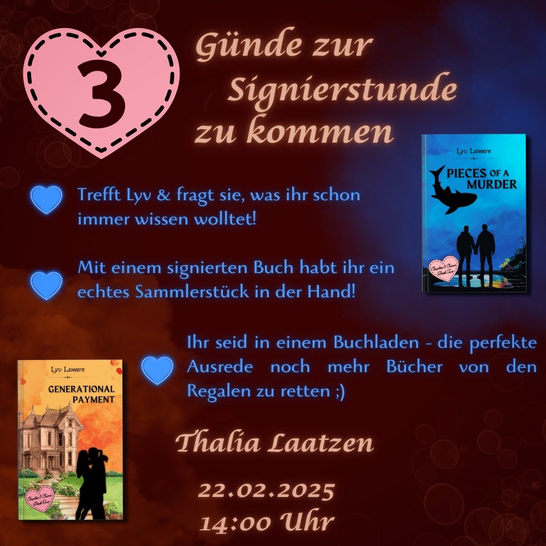 Nur noch 3 mal schlafen bis Lyv bei Thalia auf euch wartet! 🖋
Kommt am 22.02.2025 vorbei und sichert euch ein signiertes Exemplar von Lyvs B&uuml;chern! 
Lyv und das Team von @thalia_hannover_und_drumherum k&ouml;nnen es nicht erwarten euch zu sehen