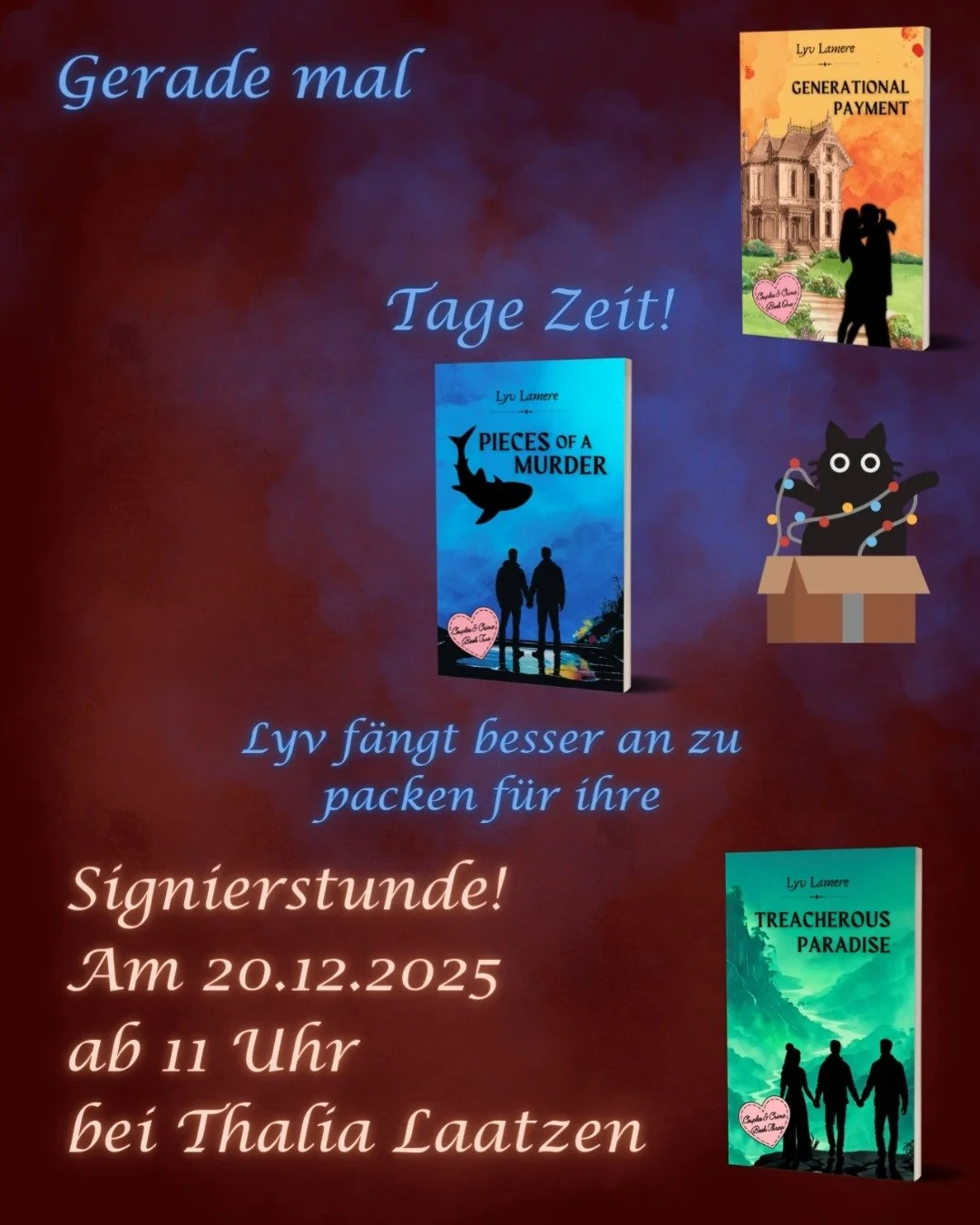 Es ist fast Samstag! 🎉
Lyv freut sich schon riesig darauf, ihre Leser zu treffen! 😍
Damit es ein toller Tag wird, m&uuml;ssen aber erstmal noch ein paar Sachen gepackt werden. Was Lyv alles mitbringt? Findet es heraus, wenn ihr ihre Signierstunde b