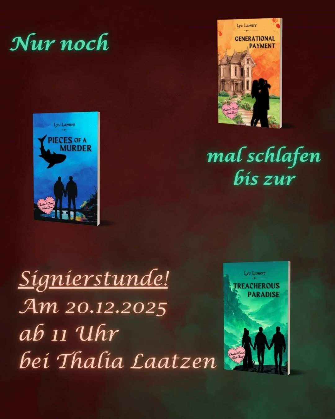 Fast geschafft, Hannover! Morgen ist es Zeit f&uuml;r Lyv's Signierstunde! 🎉🔥
Wenn ihr also noch auf der Suche nach einem ganz besonderen Geschenk seid, schaut vorbei!

Wann: 20.12.2025 ab 11 Uhr
Wo: Thalia Laatzen (Leine-Center)

Denn ein handsign