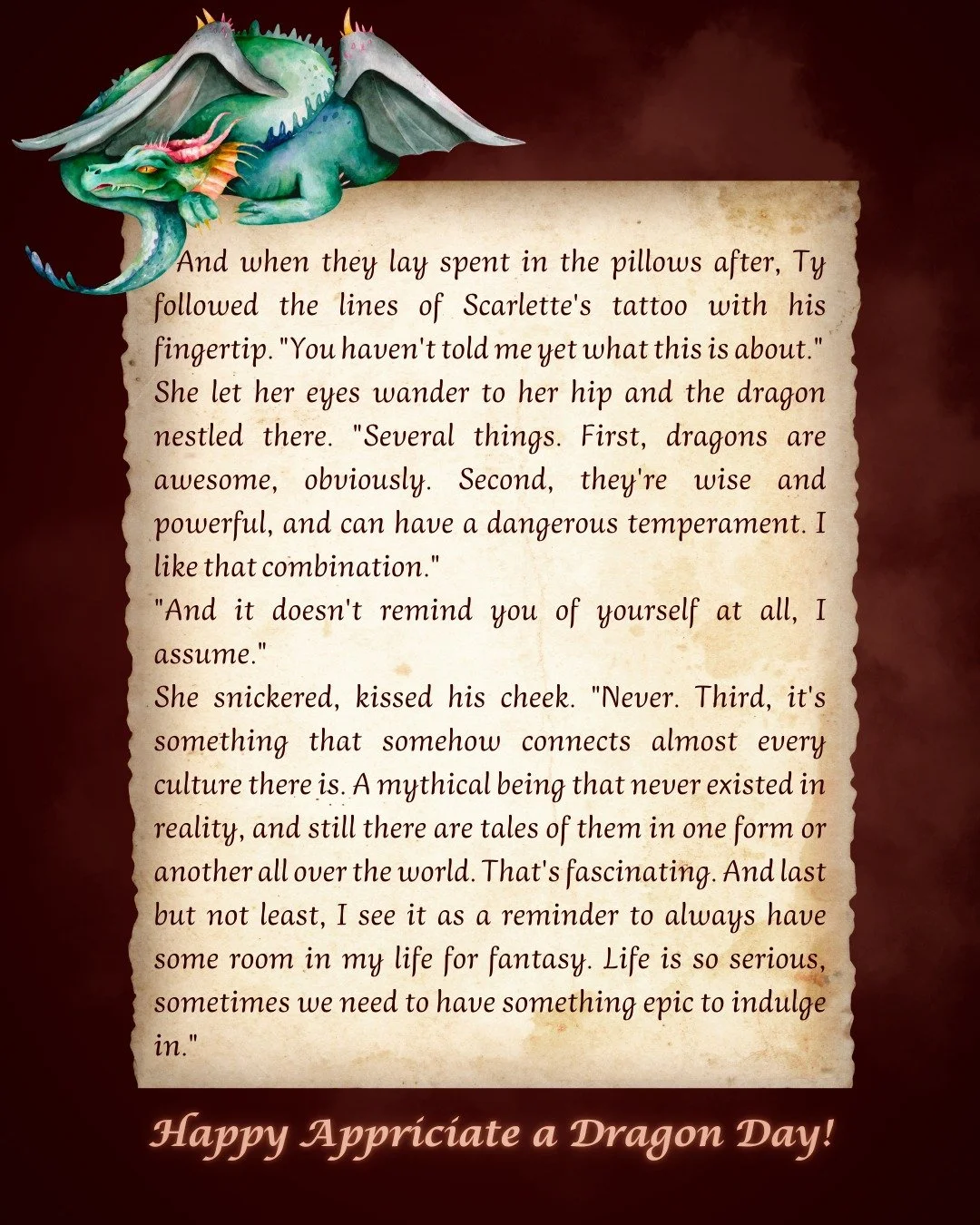 There's always a way to bring dragons into your book, even if it's a contemporary romance 😉❤️
Here's why Scarlette from Generational Payment loves them! 🐲

What about you? What do you love about dragons? Why do they fascinate you? 
Tell Lyv in the 