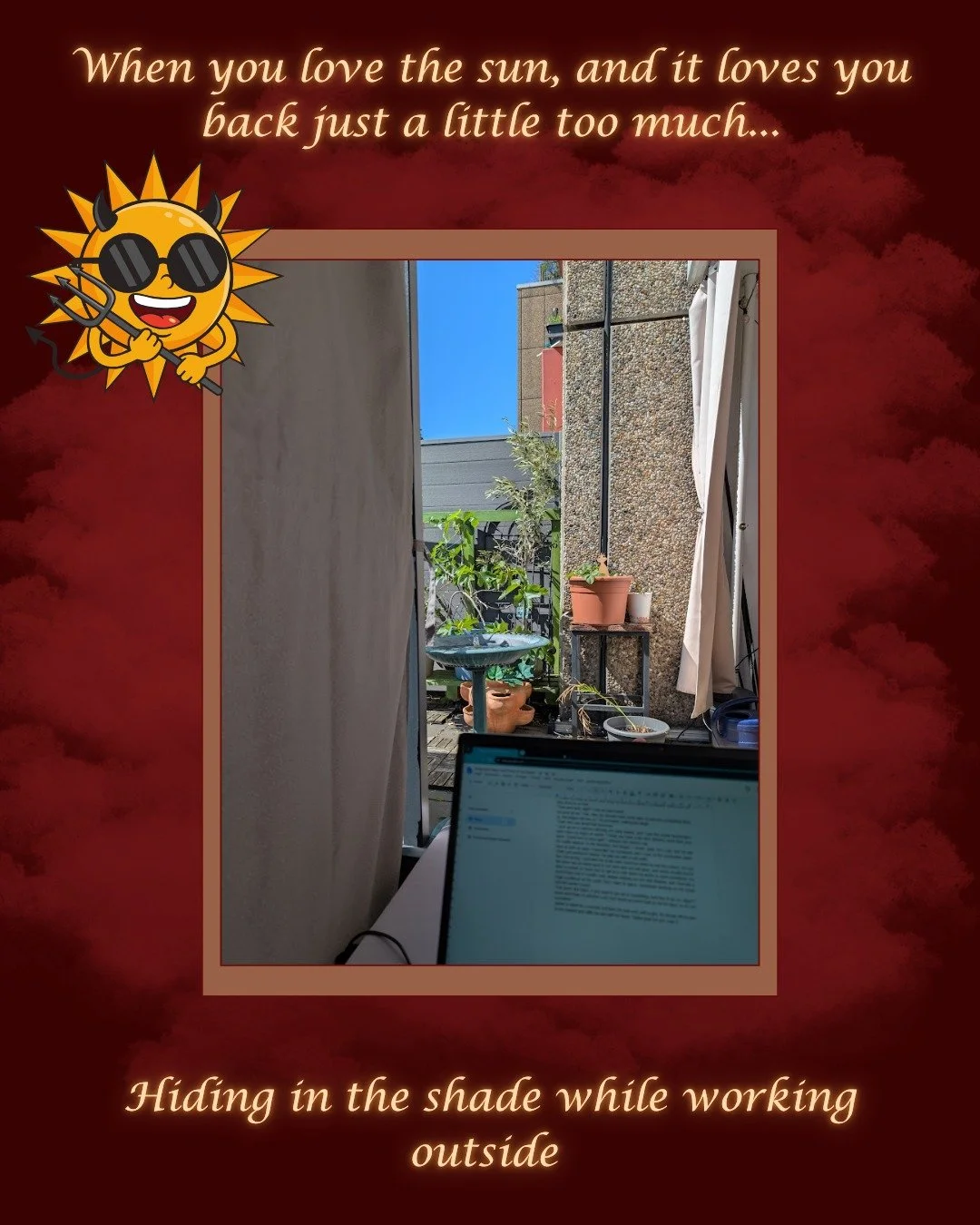 Trying to work outside in nice weather when you have vitiligo isn't always easy. The sun loves Lyv just a little too much, sometimes even with SPF 100, so sunscreen and shade it is while she's working on something special for her newsletter subscribe